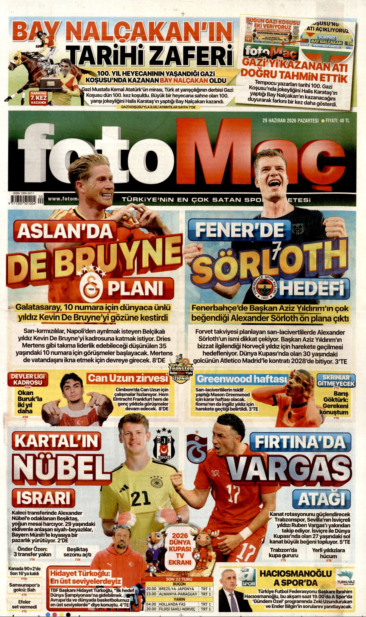 FOTOMAÇ gazetesinin 29 Haziran 2026 tarihli birinci sayfası