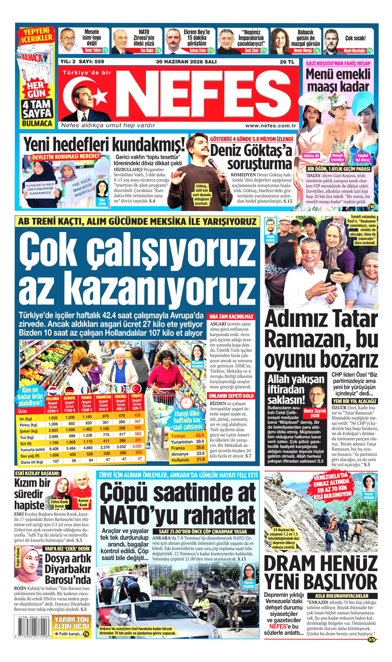 NEFES gazetesinin 30 Haziran 2026 tarihli birinci sayfası