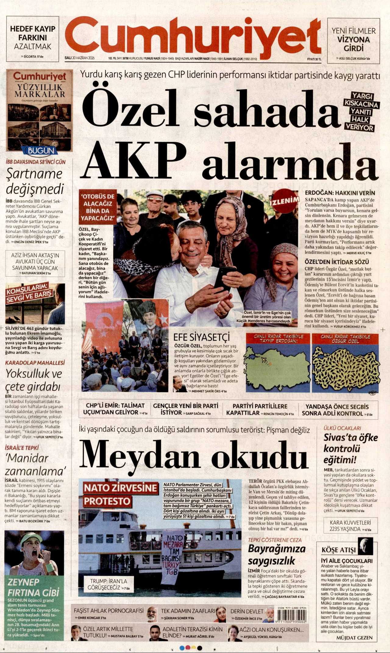 CUMHURİYET gazetesinin 30 Haziran 2026 tarihli birinci sayfası