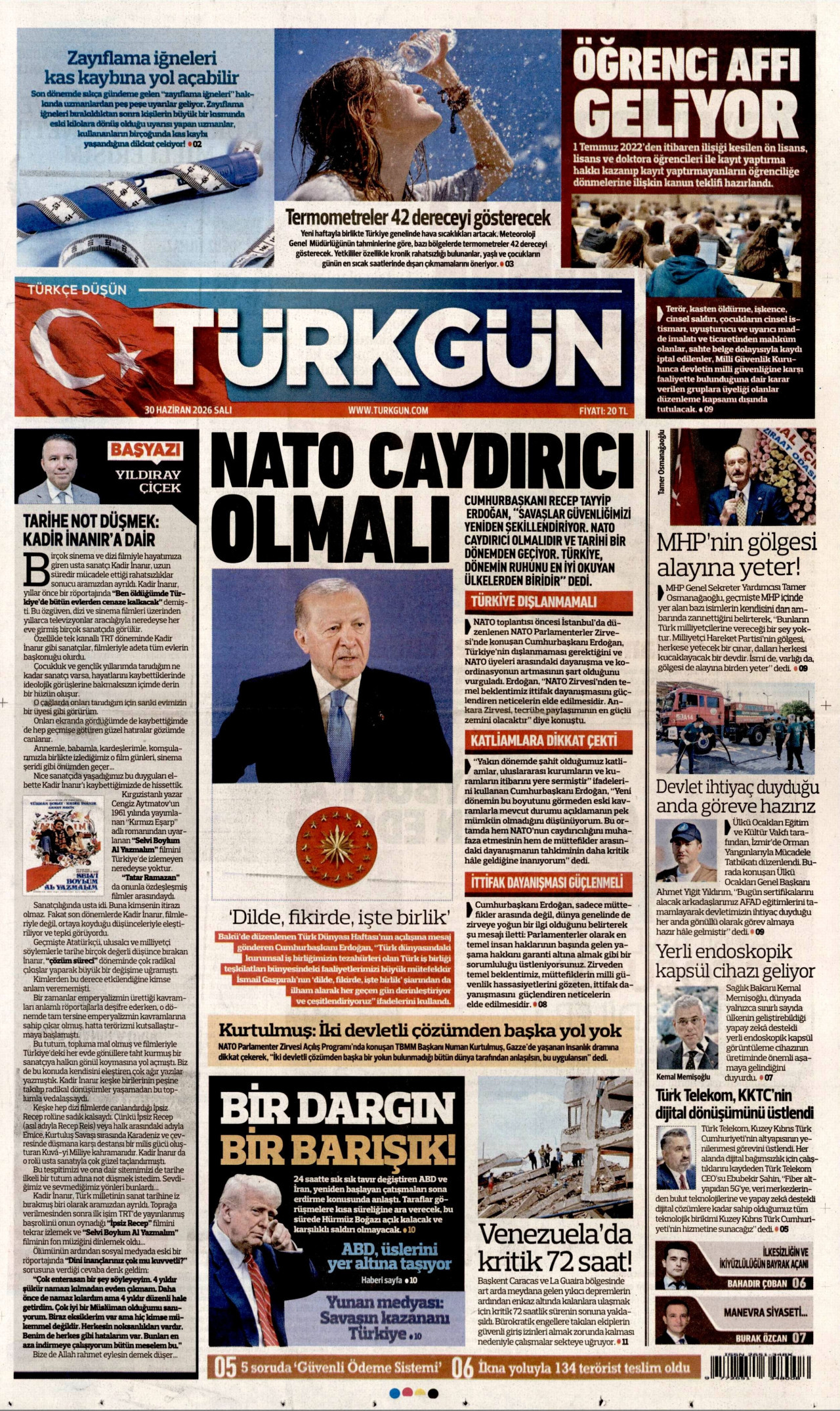 TÜRKGÜN gazetesinin 30 Haziran 2026 tarihli birinci sayfası