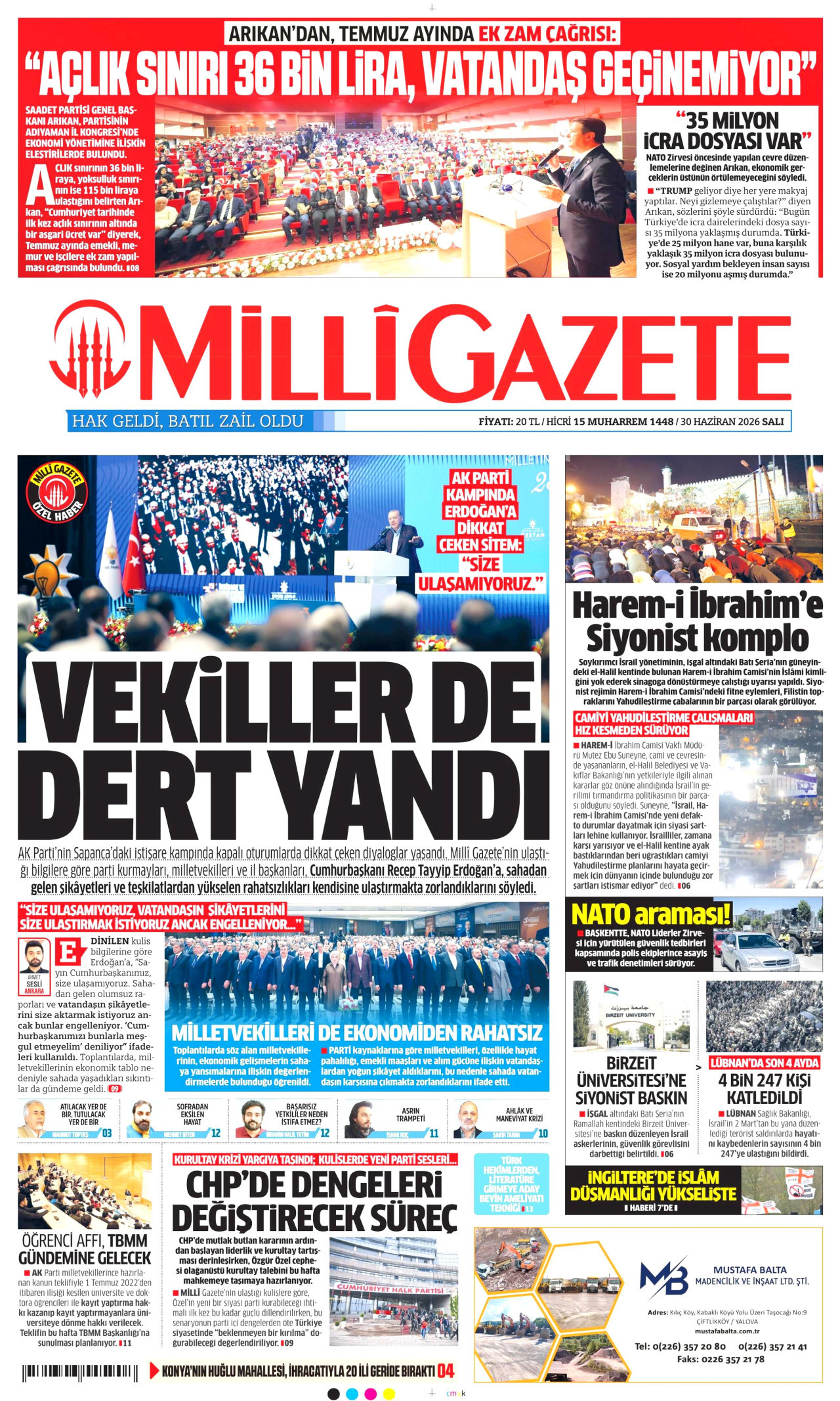 MİLLİ GAZETE gazetesinin 30 Haziran 2026 tarihli birinci sayfası