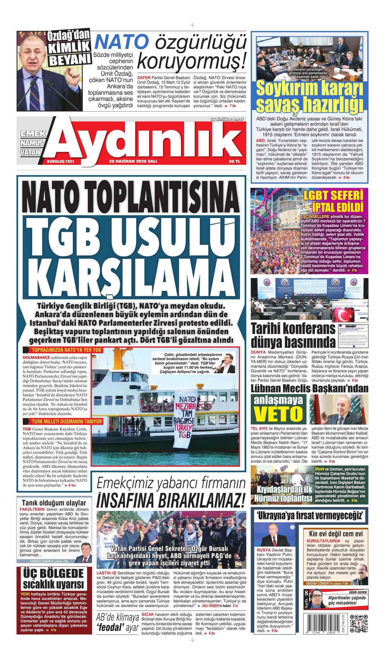 AYDINLIK GAZETESİ gazetesinin 30 Haziran 2026 tarihli birinci sayfası