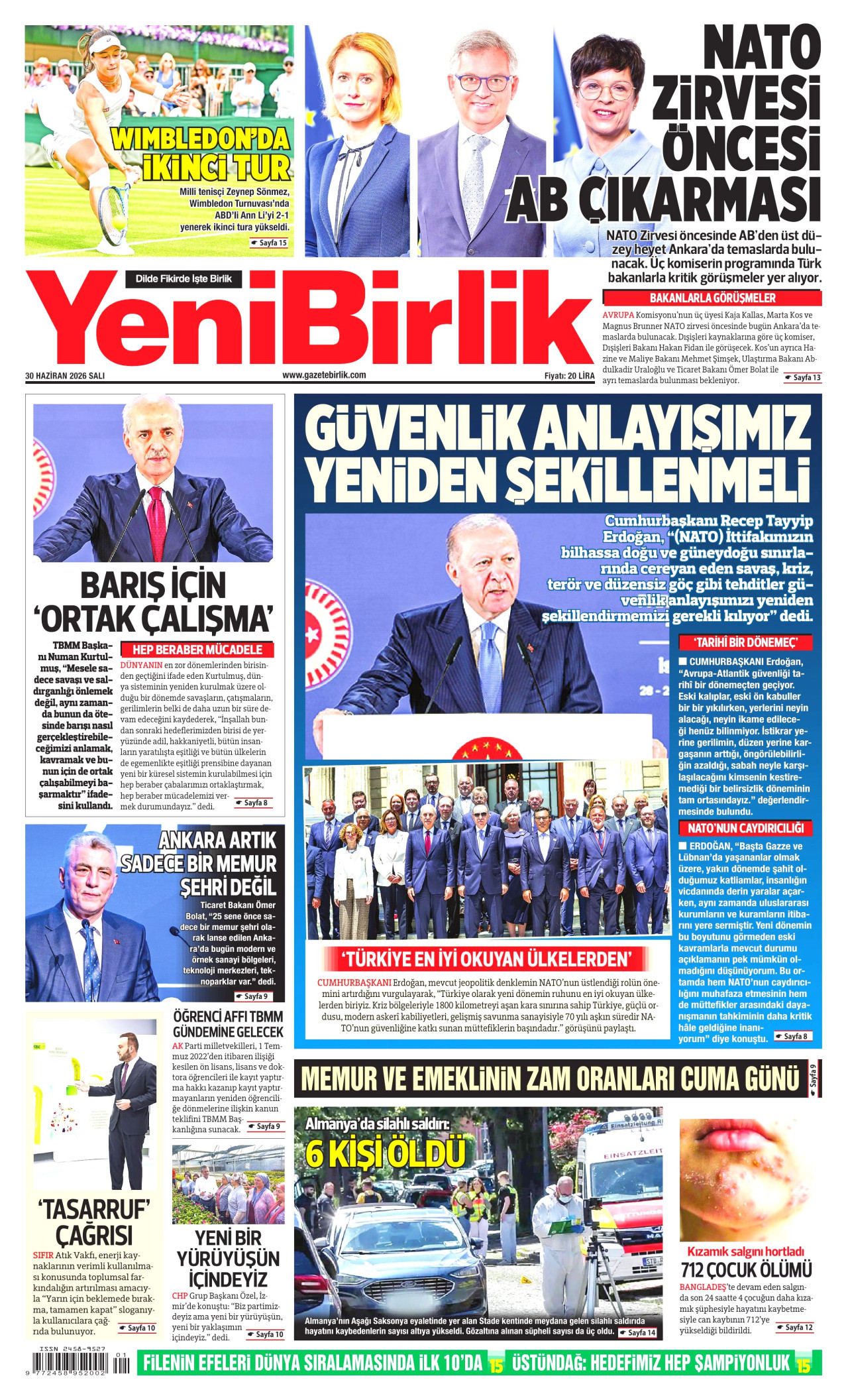 YENİBİRLİK gazetesinin 30 Haziran 2026 tarihli birinci sayfası