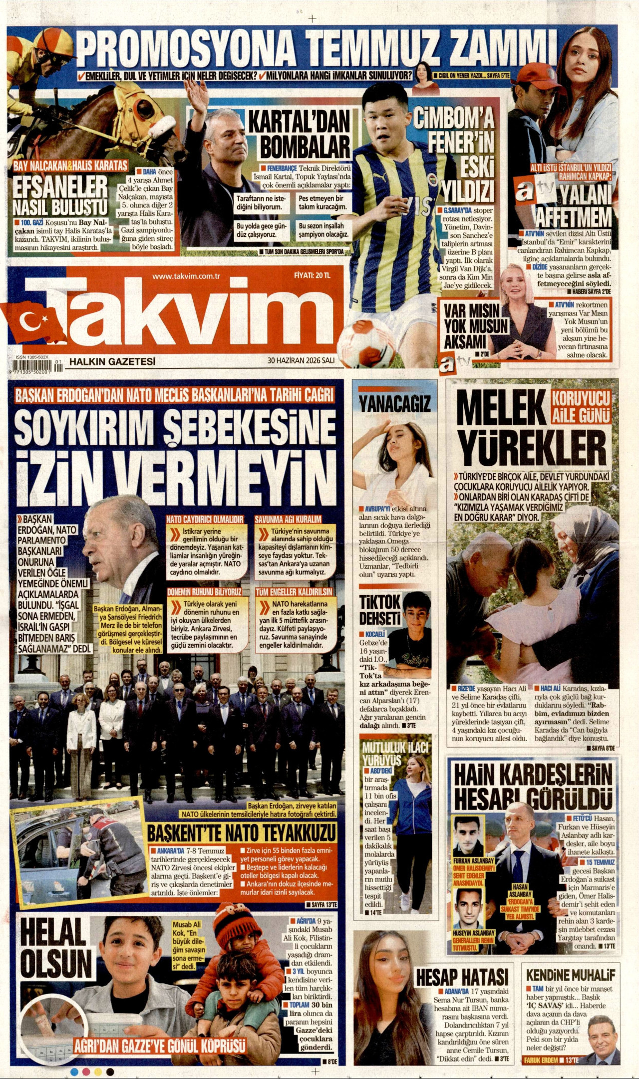 TAKVİM gazetesinin 30 Haziran 2026 tarihli birinci sayfası