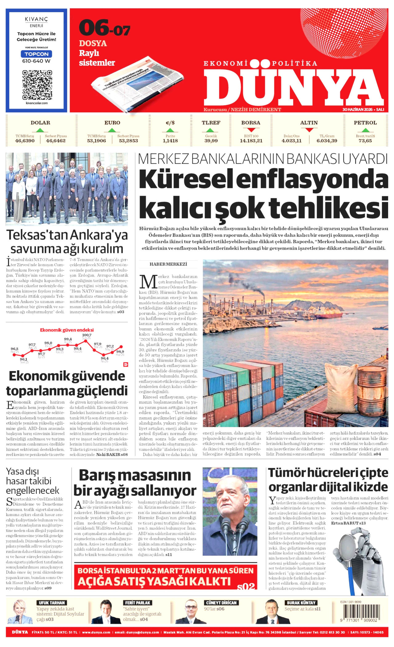 DÜNYA gazetesinin 30 Haziran 2026 tarihli birinci sayfası
