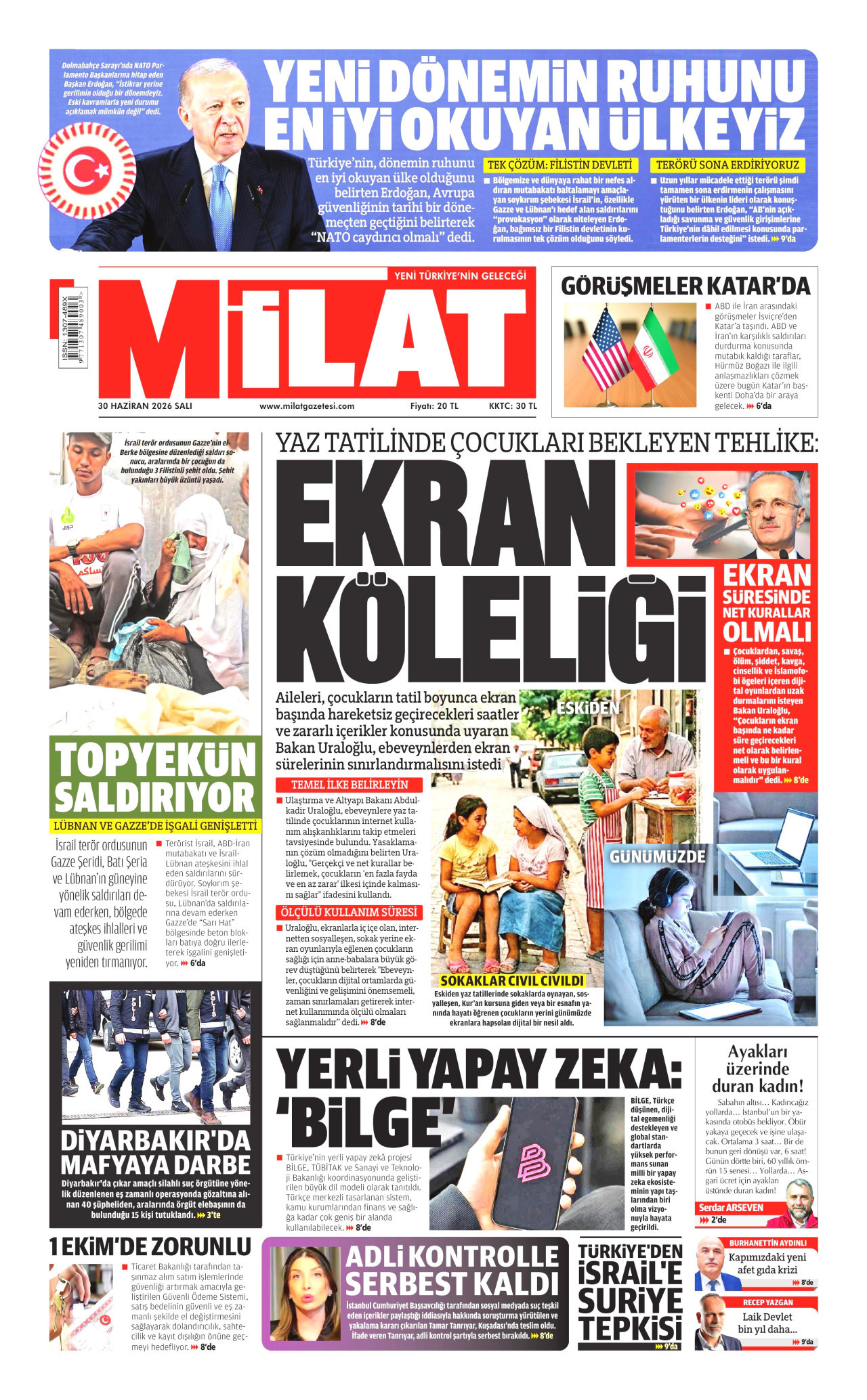 MİLAT gazetesinin 30 Haziran 2026 tarihli birinci sayfası