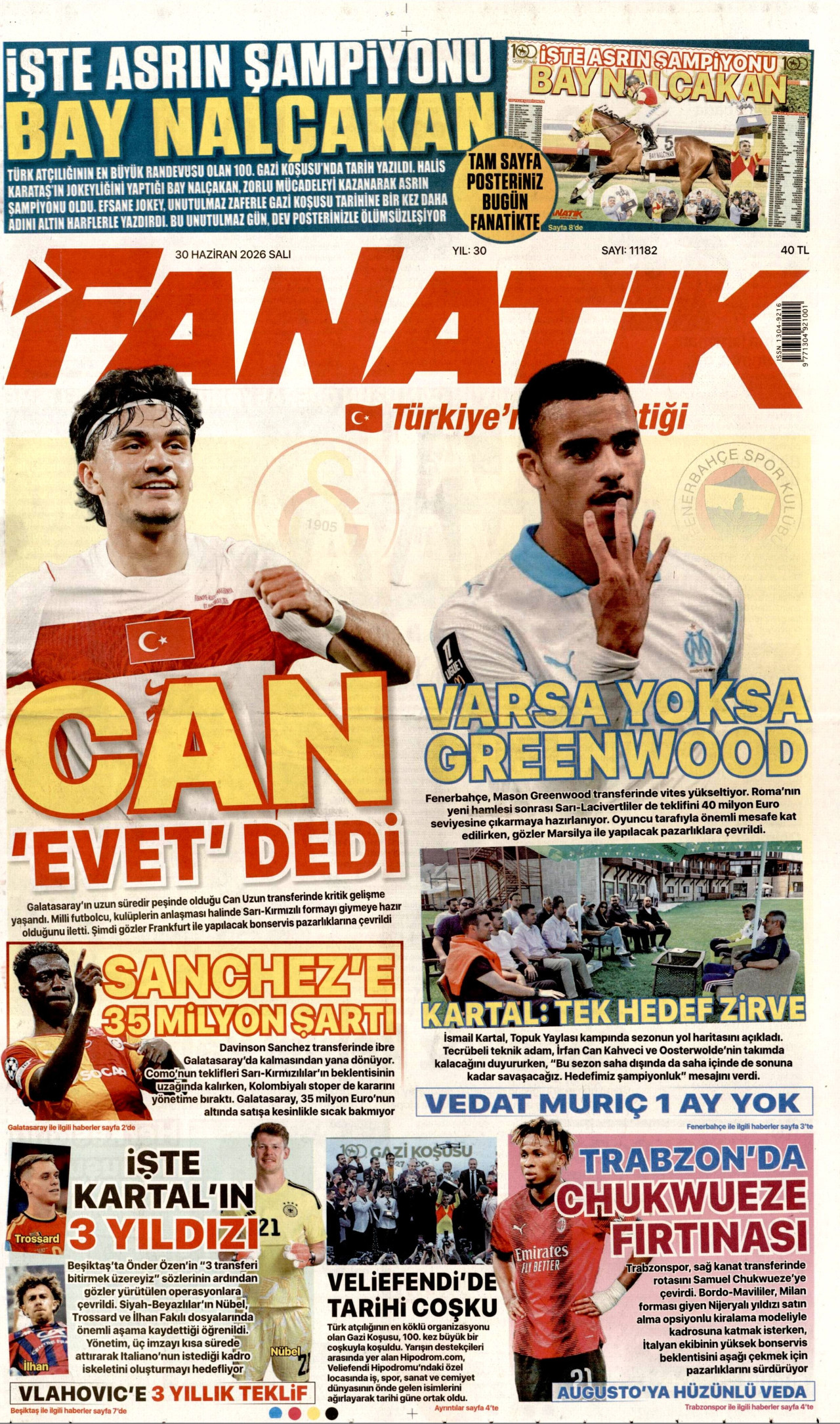 FANATİK gazetesinin 30 Haziran 2026 tarihli birinci sayfası