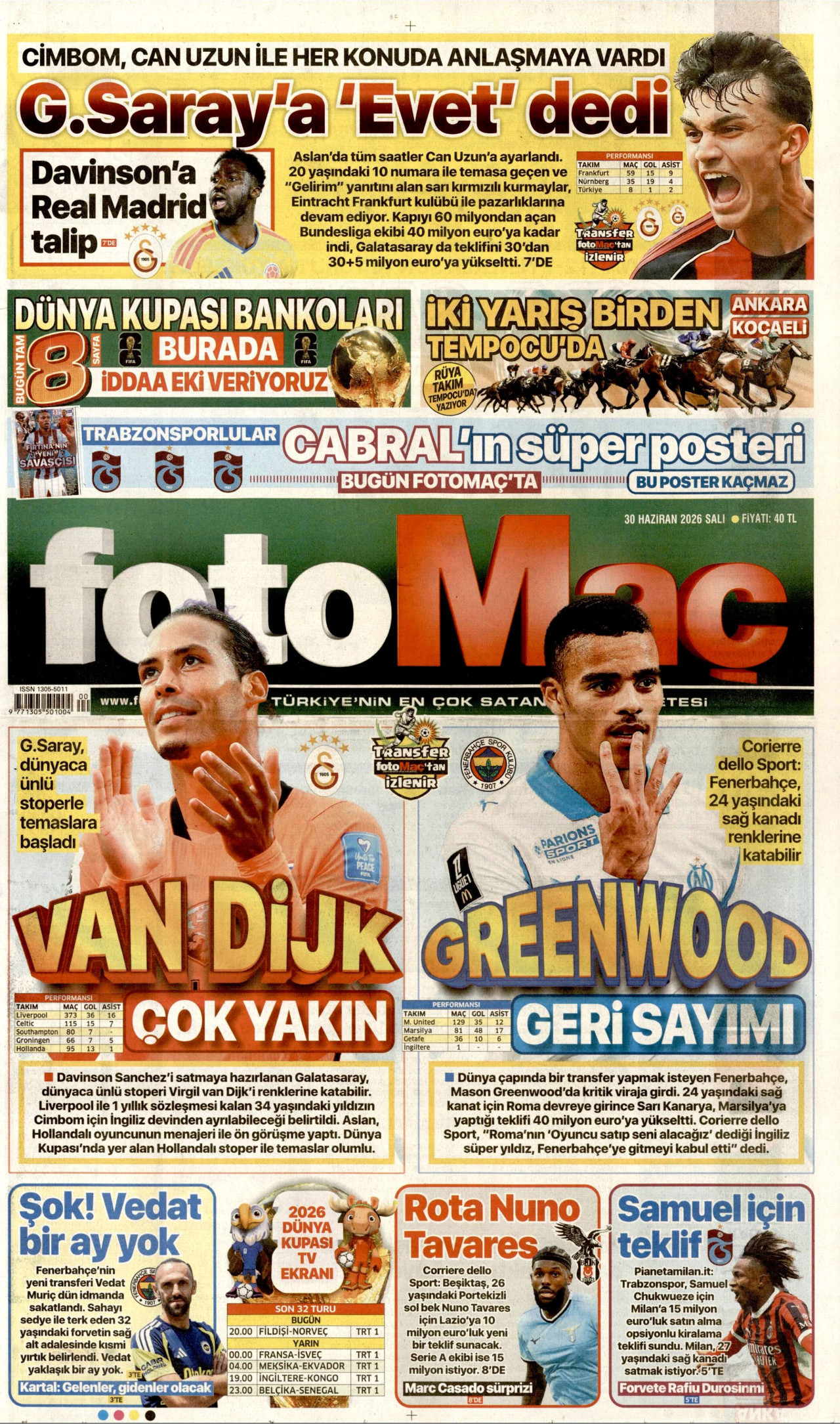FOTOMAÇ gazetesinin 30 Haziran 2026 tarihli birinci sayfası