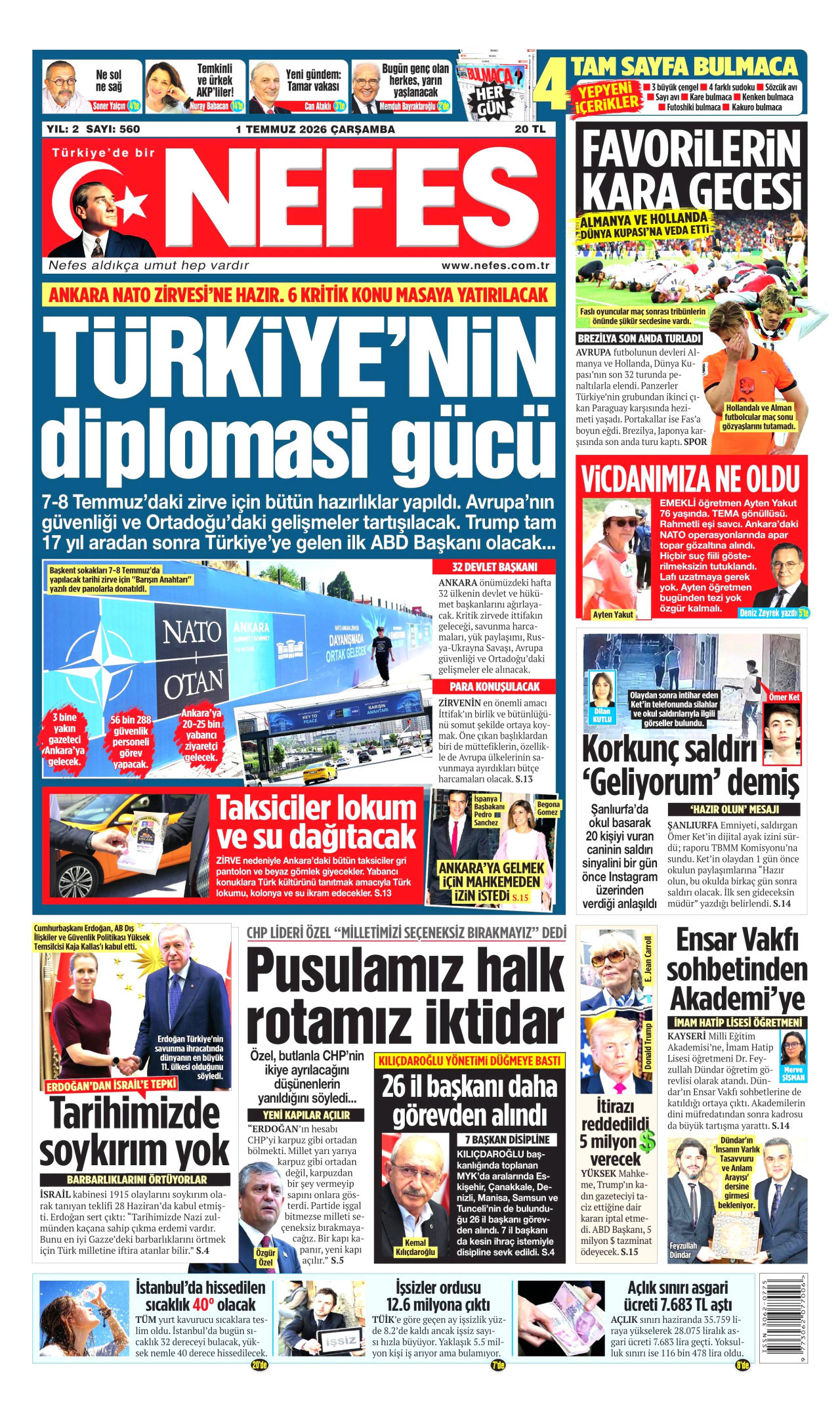 NEFES gazetesinin 1 Temmuz 2026 tarihli birinci sayfası