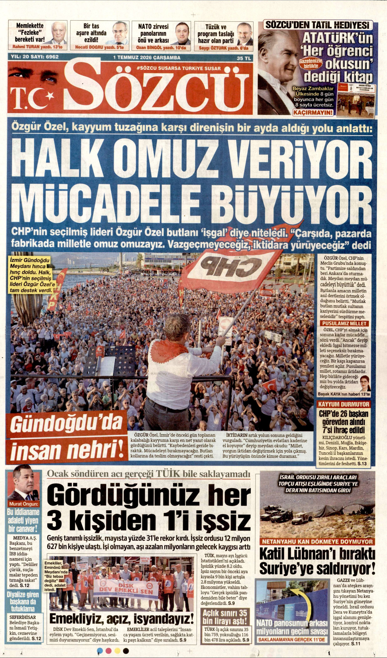 SÖZCÜ gazetesinin 1 Temmuz 2026 tarihli birinci sayfası