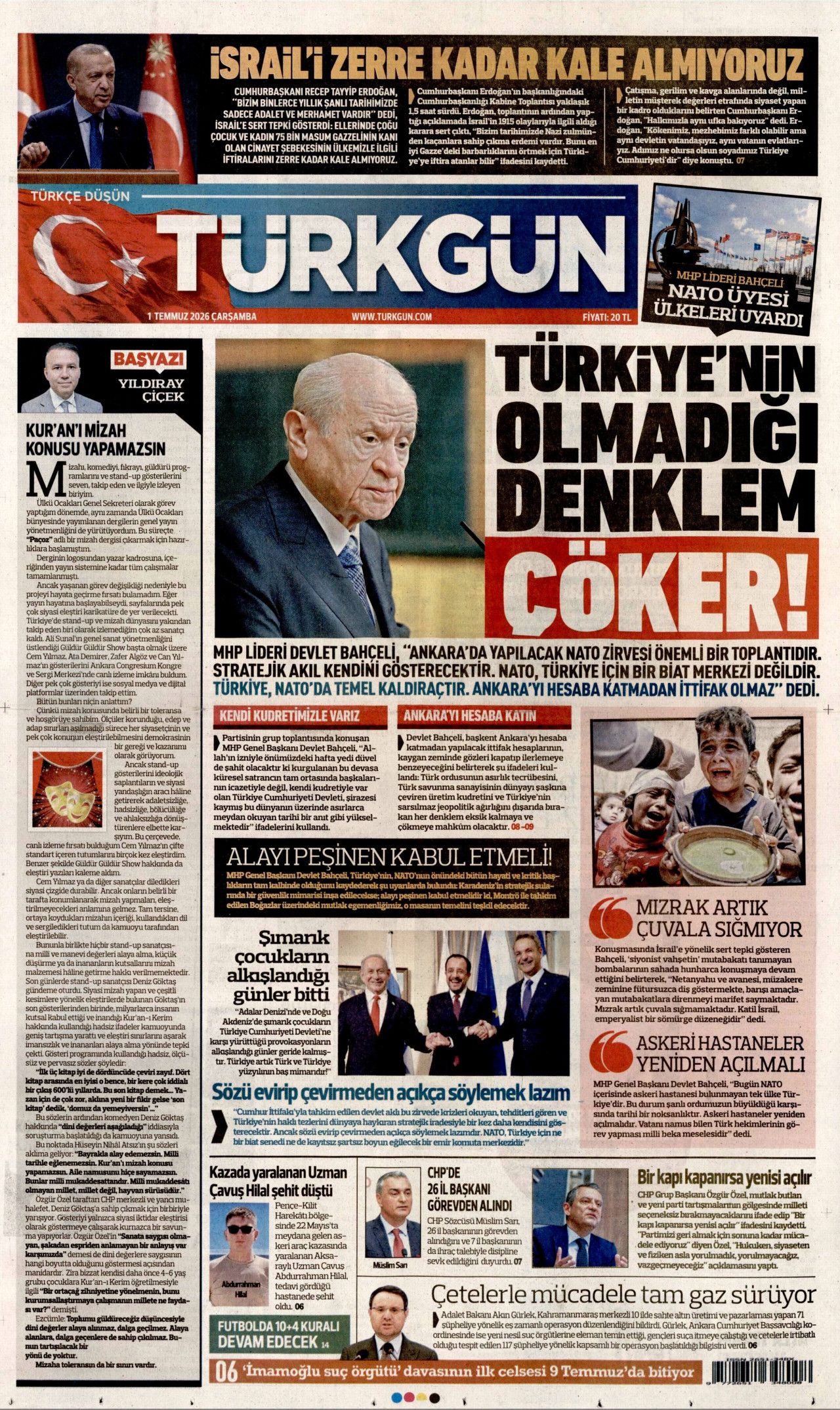 TÜRKGÜN gazetesinin 1 Temmuz 2026 tarihli birinci sayfası