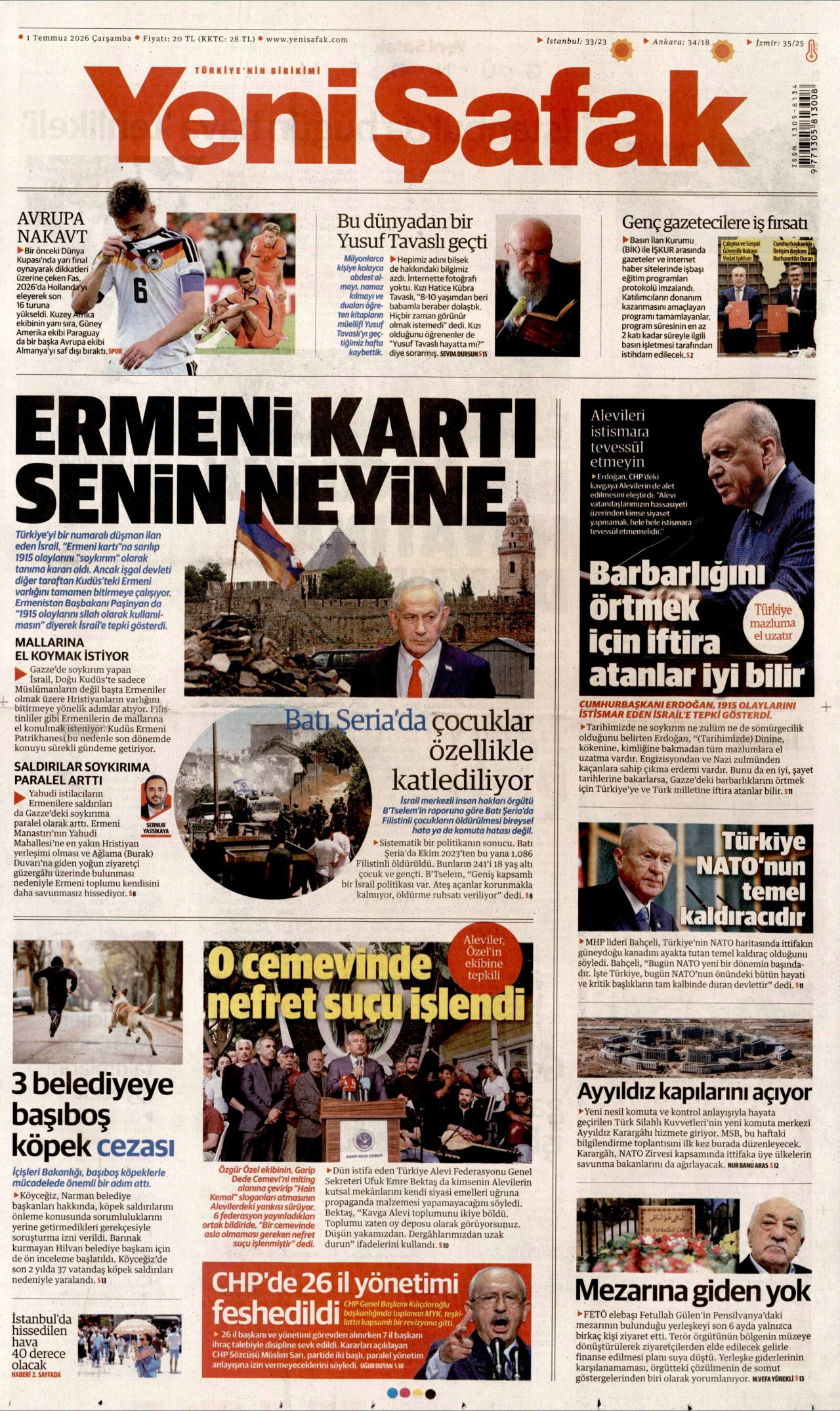 YENİ ŞAFAK gazetesinin 1 Temmuz 2026 tarihli birinci sayfası