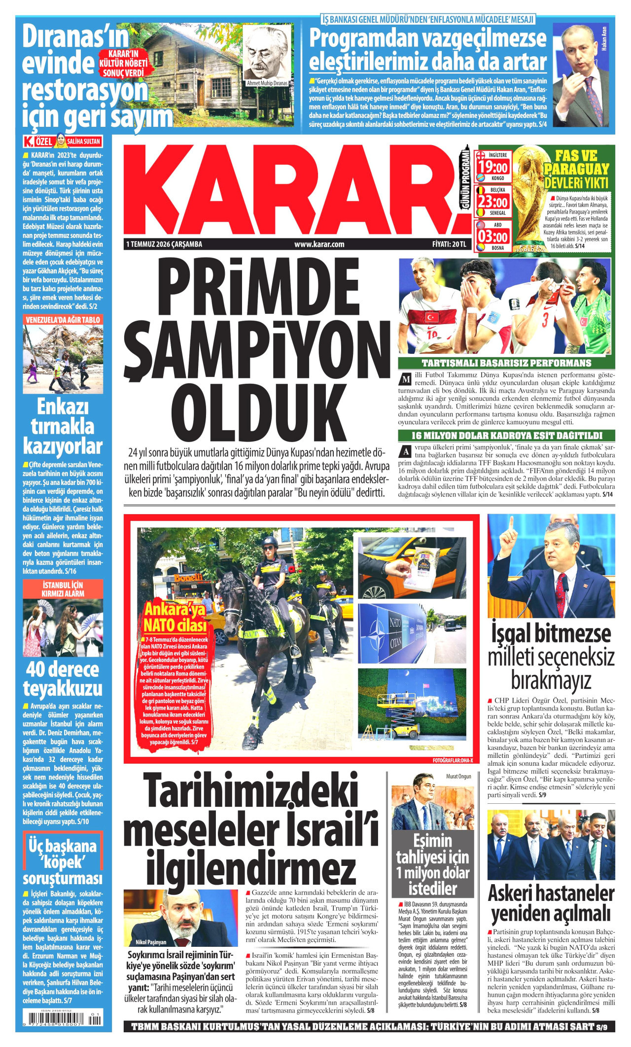 KARAR gazetesinin 1 Temmuz 2026 tarihli birinci sayfası