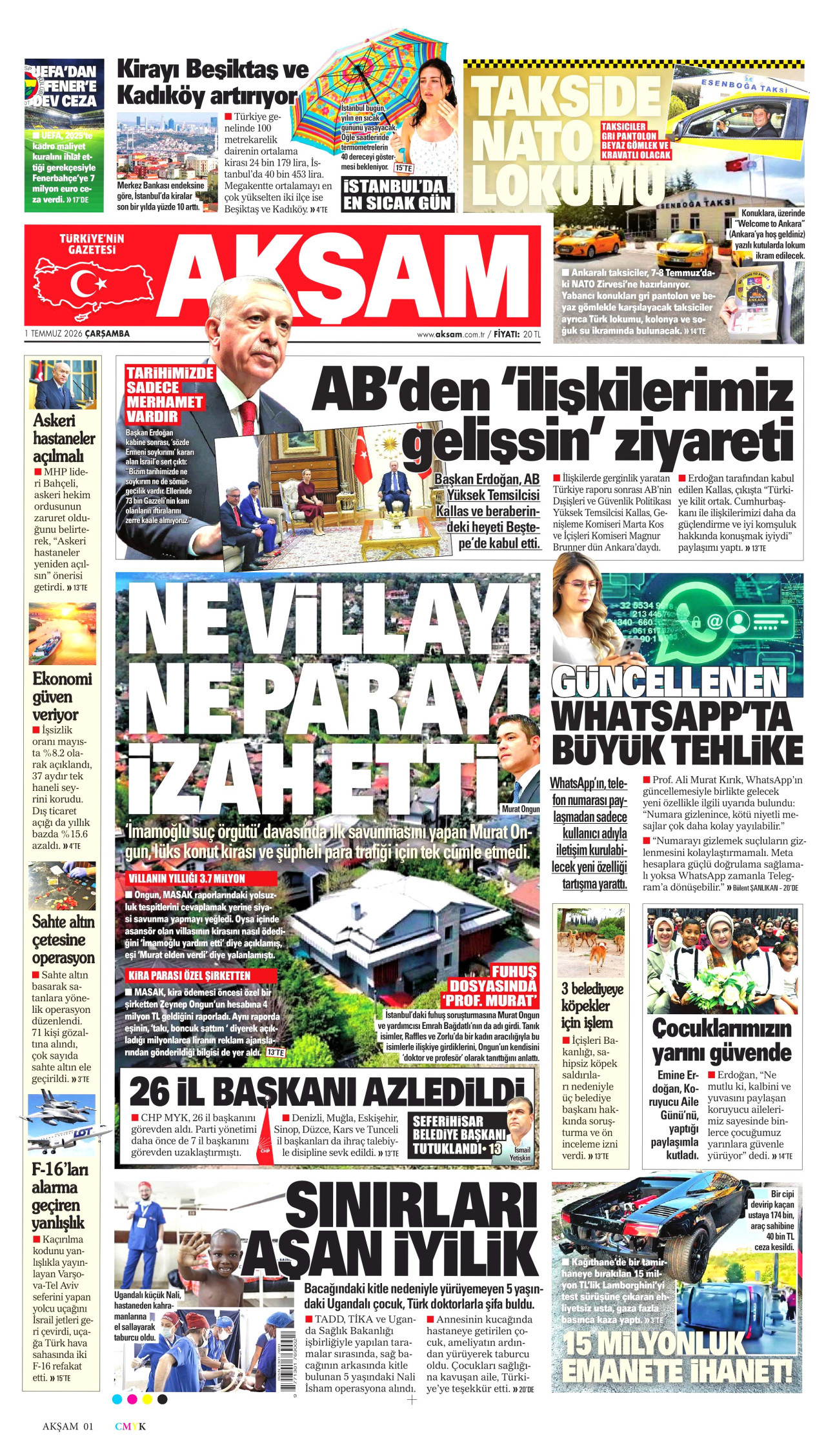 AKŞAM gazetesinin 1 Temmuz 2026 tarihli birinci sayfası