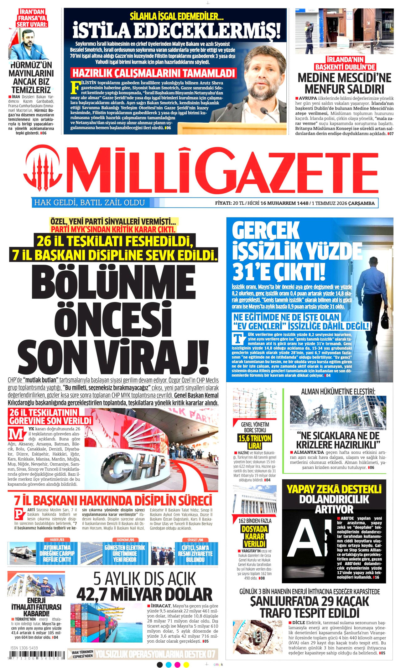 MİLLİ GAZETE gazetesinin 1 Temmuz 2026 tarihli birinci sayfası