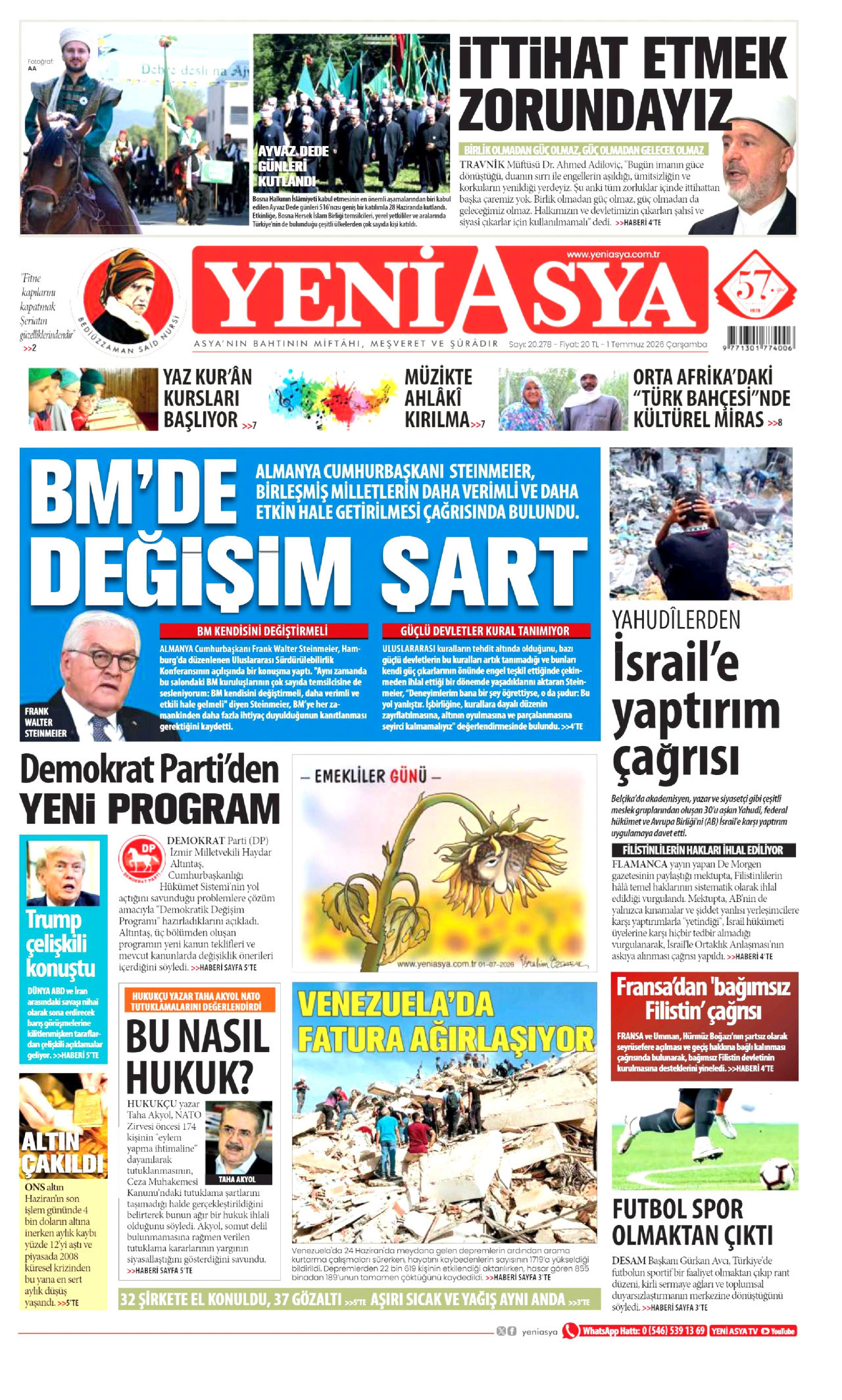 YENİ ASYA gazetesinin 1 Temmuz 2026 tarihli birinci sayfası