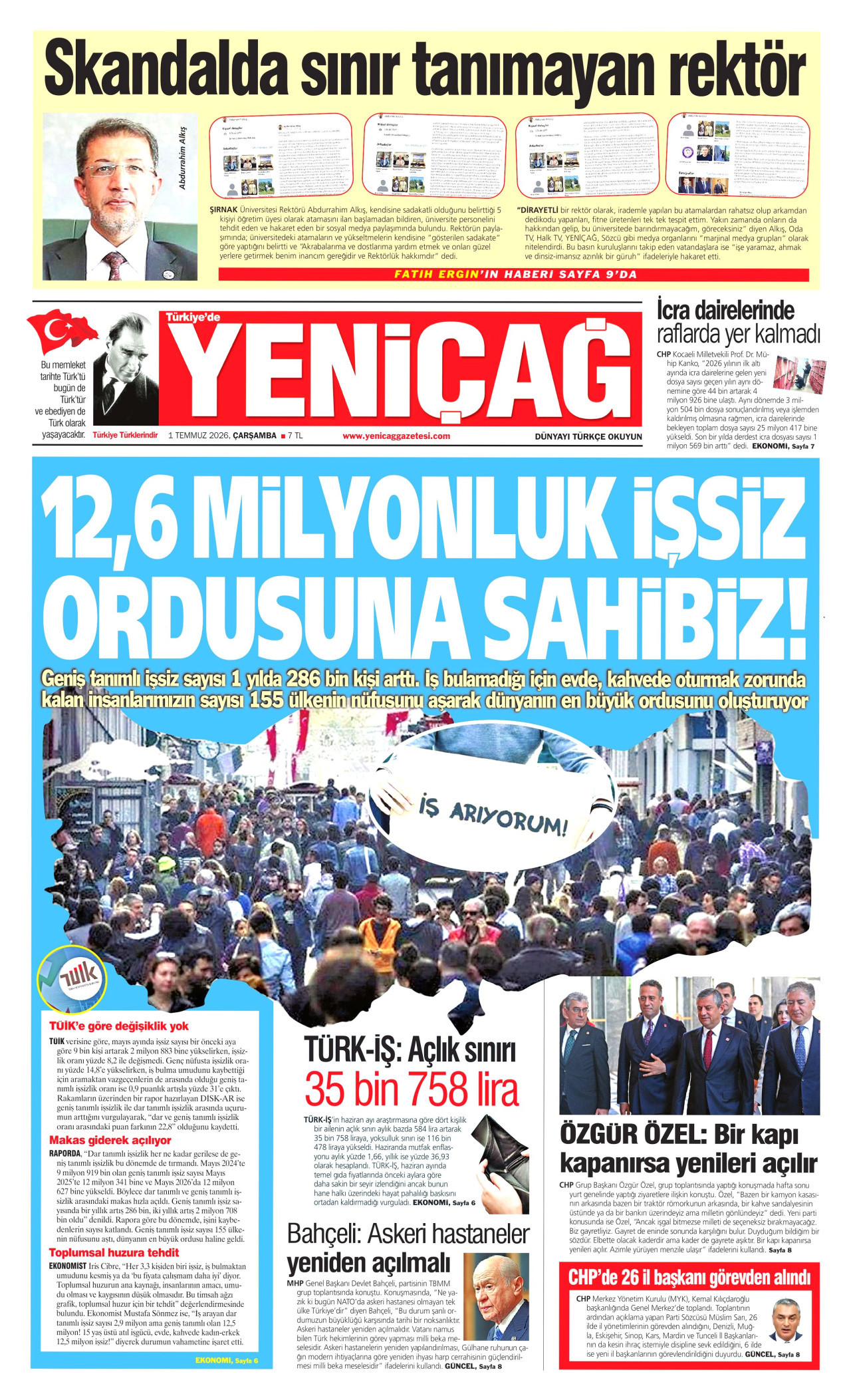 YENİÇAĞ gazetesinin 1 Temmuz 2026 tarihli birinci sayfası