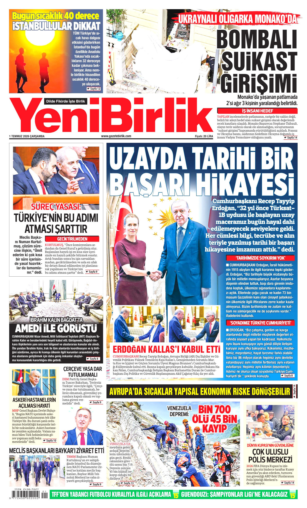 YENİBİRLİK gazetesinin 1 Temmuz 2026 tarihli birinci sayfası