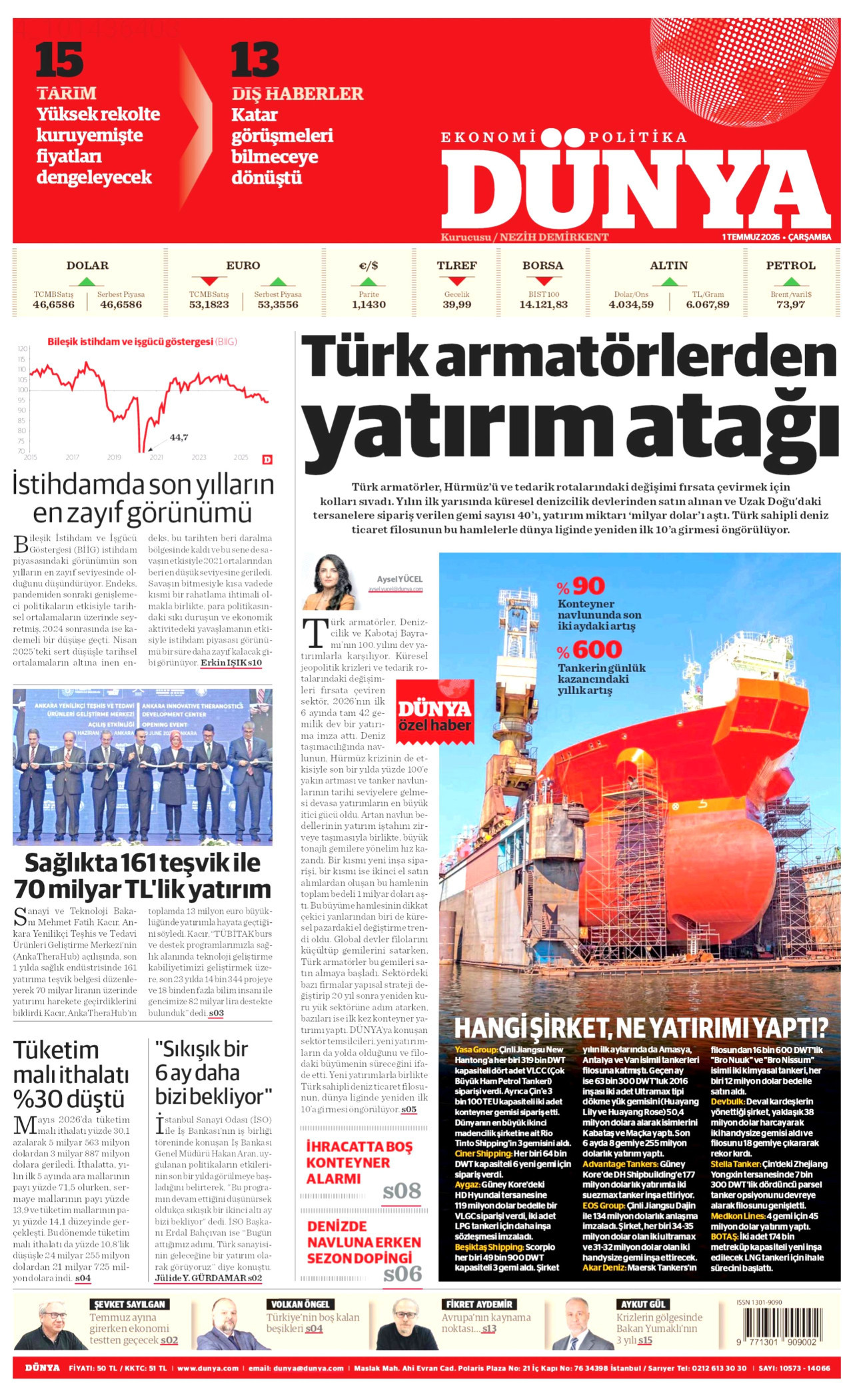 DÜNYA gazetesinin 1 Temmuz 2026 tarihli birinci sayfası