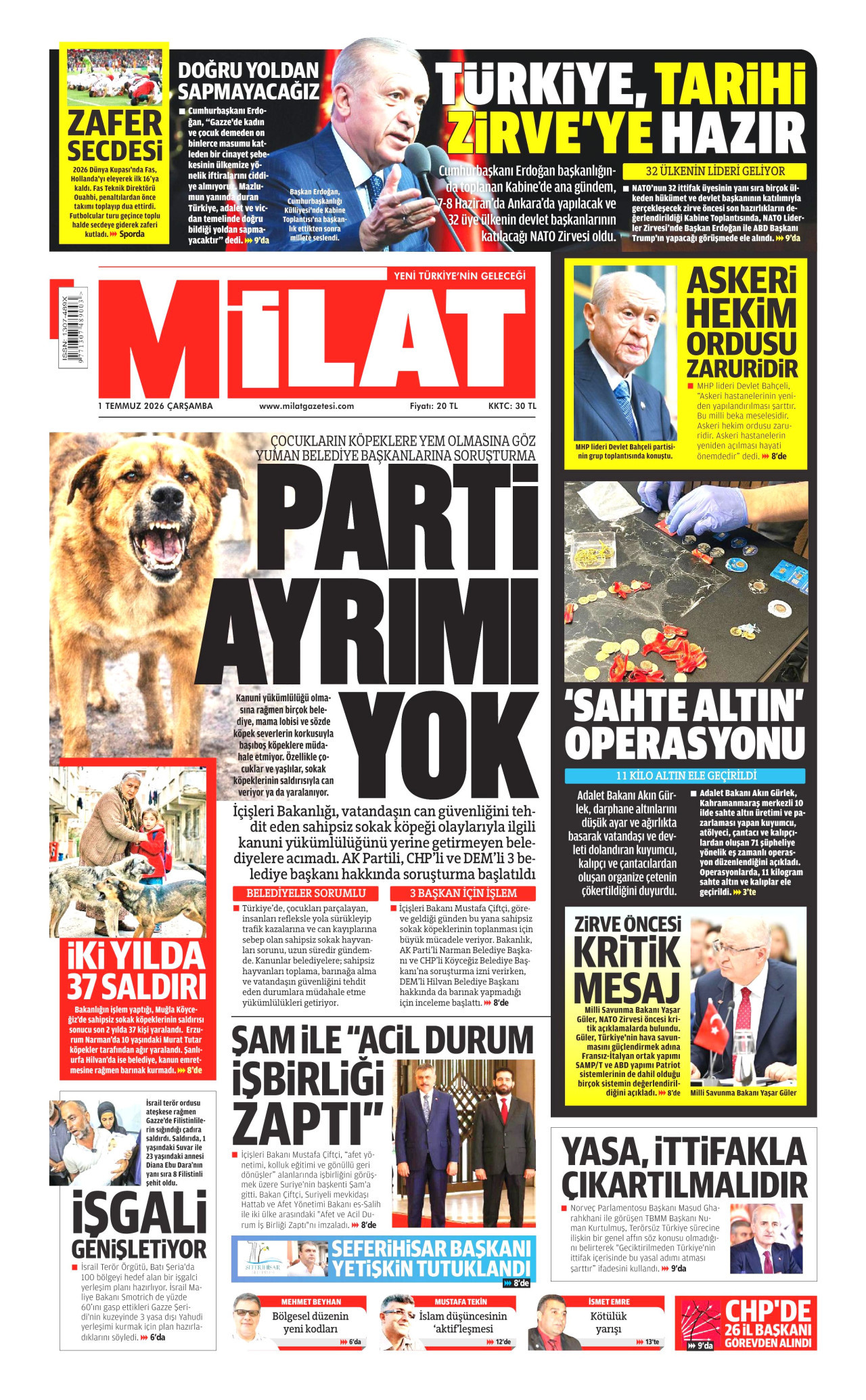 MİLAT gazetesinin 1 Temmuz 2026 tarihli birinci sayfası