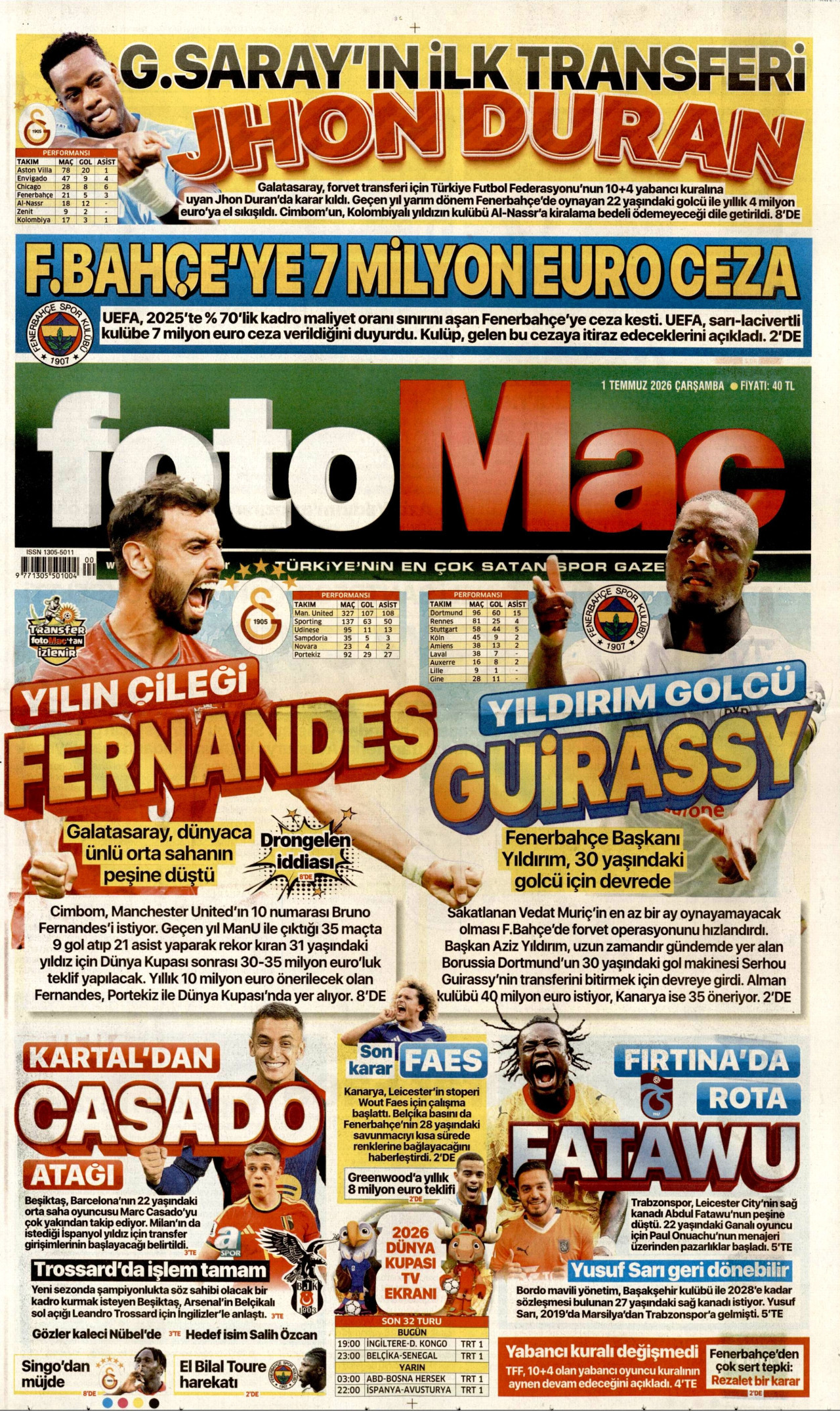 FOTOMAÇ gazetesinin 1 Temmuz 2026 tarihli birinci sayfası