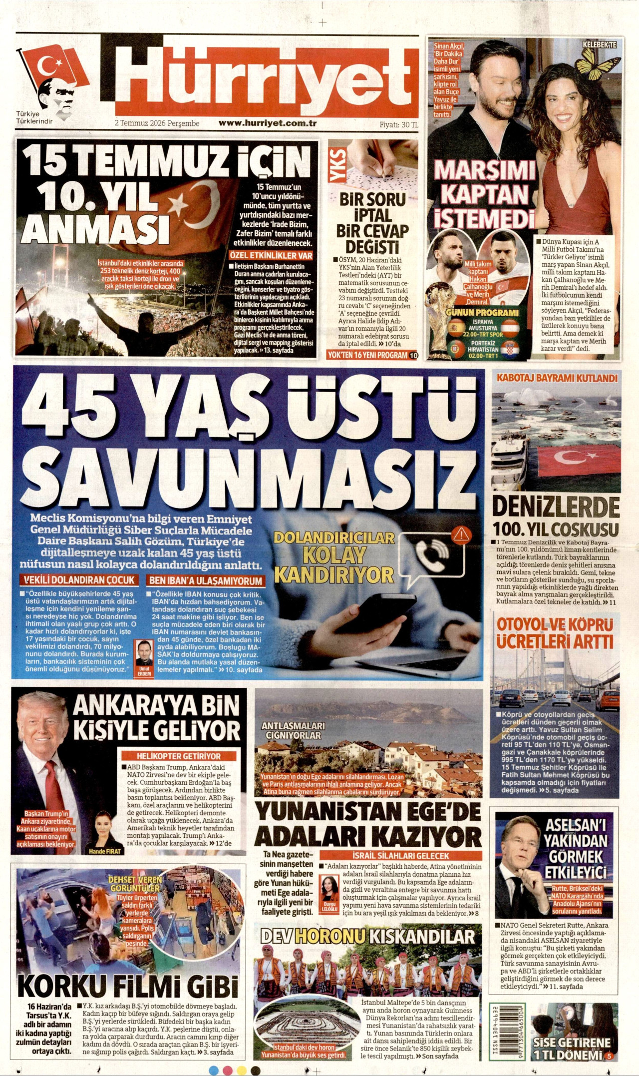 HÜRRİYET gazetesinin 2 Temmuz 2026 tarihli birinci sayfası