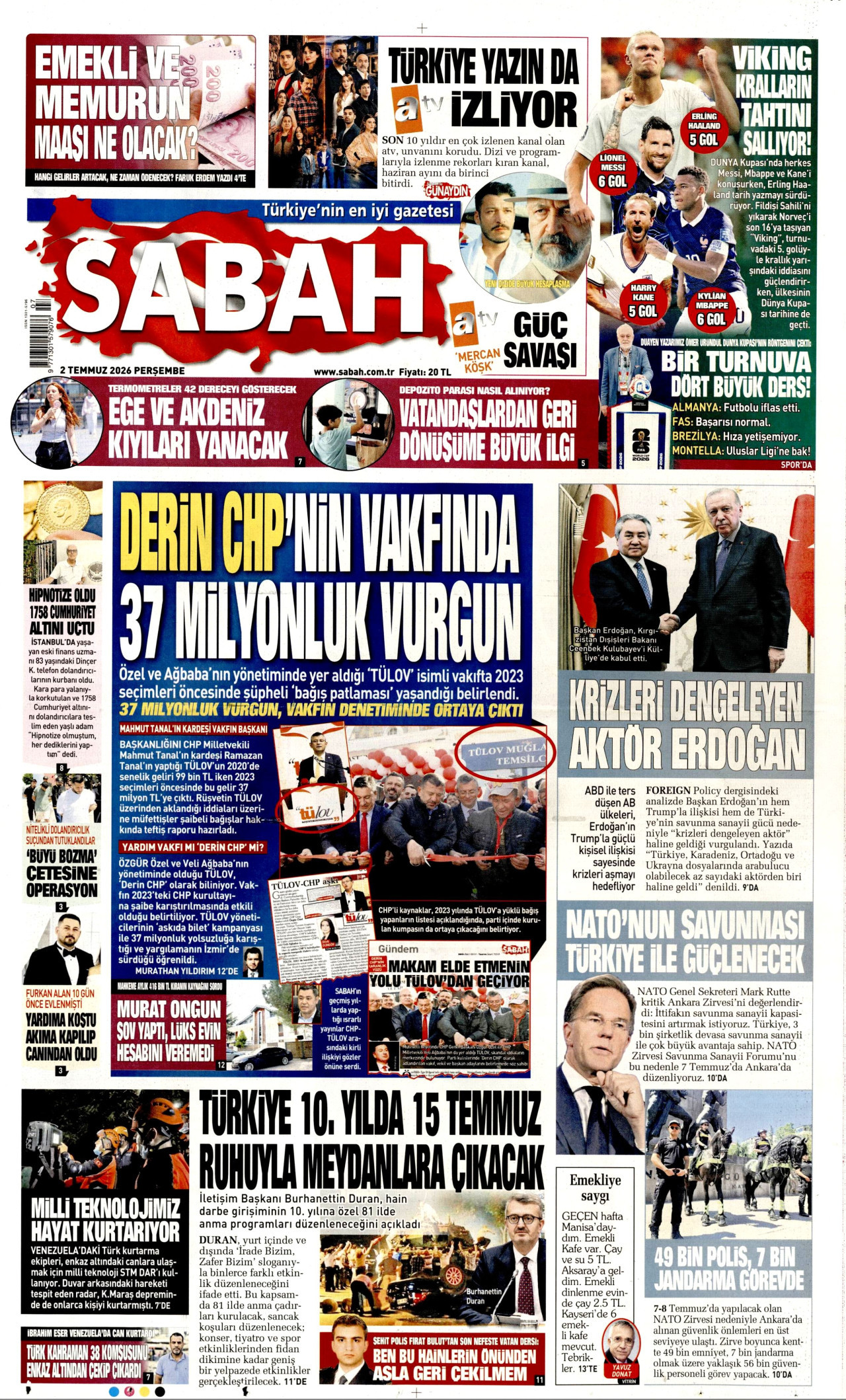 SABAH gazetesinin 2 Temmuz 2026 tarihli birinci sayfası