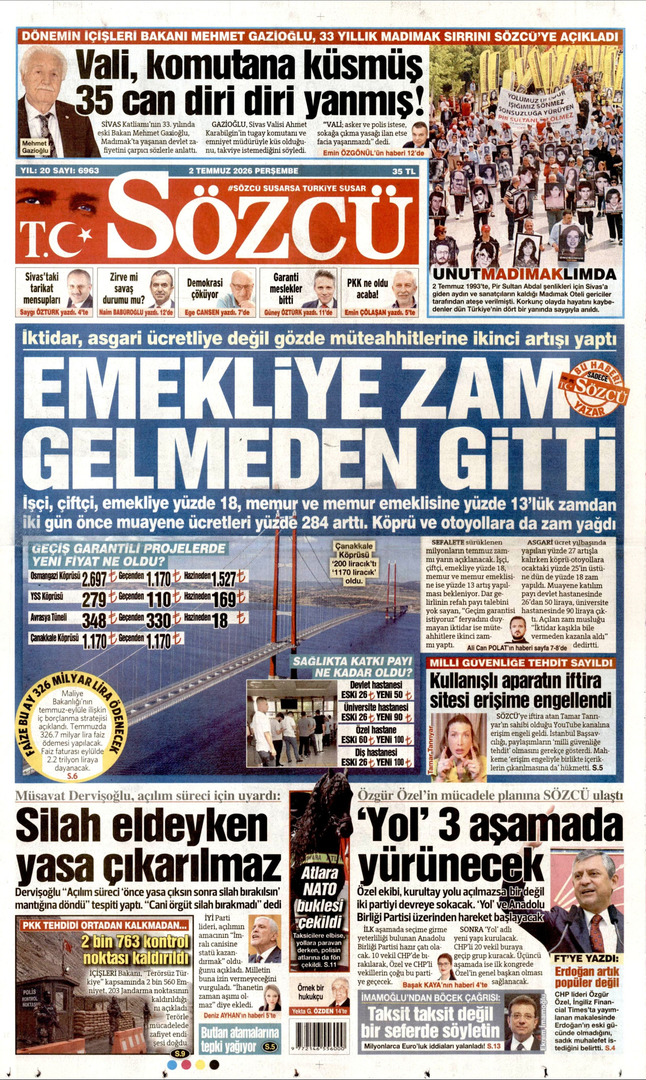 SÖZCÜ gazetesinin 2 Temmuz 2026 tarihli birinci sayfası