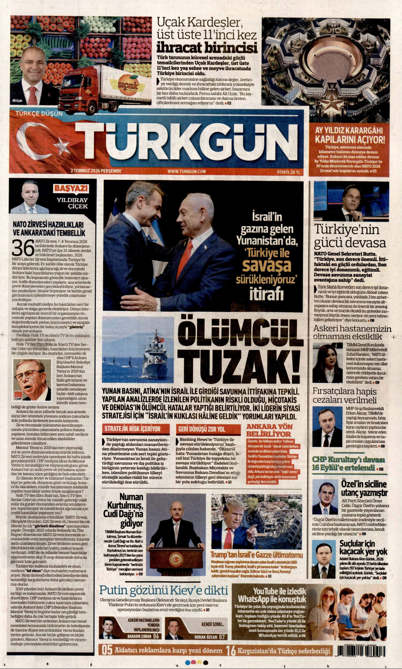 TÜRKGÜN gazetesinin 2 Temmuz 2026 tarihli birinci sayfası