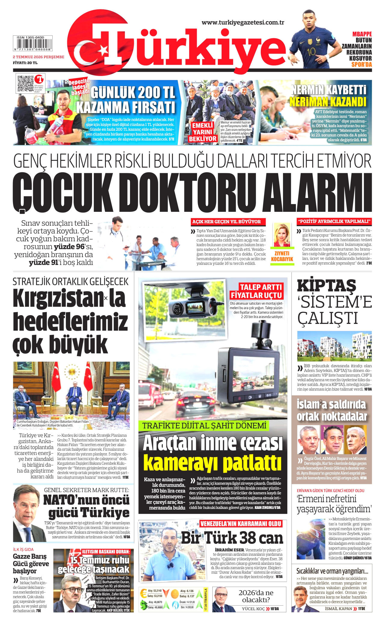 TÜRKİYE GAZETESİ gazetesinin 2 Temmuz 2026 tarihli birinci sayfası