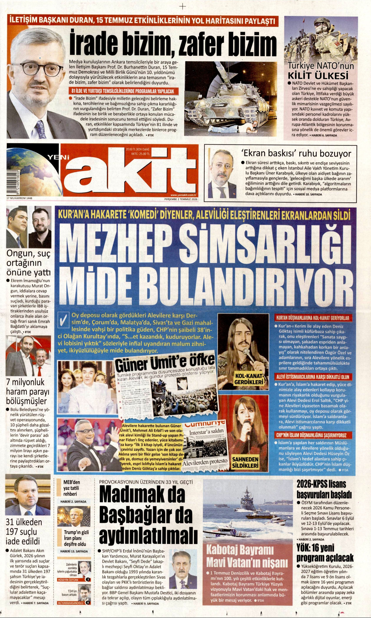 YENİ AKİT gazetesinin 2 Temmuz 2026 tarihli birinci sayfası