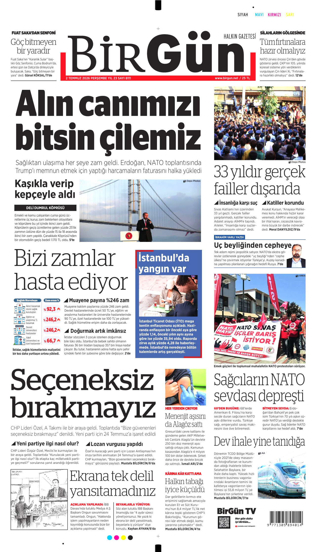 BİRGÜN gazetesinin 2 Temmuz 2026 tarihli birinci sayfası