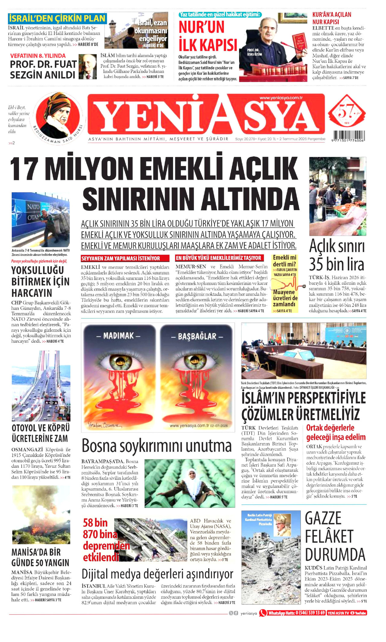 YENİ ASYA gazetesinin 2 Temmuz 2026 tarihli birinci sayfası