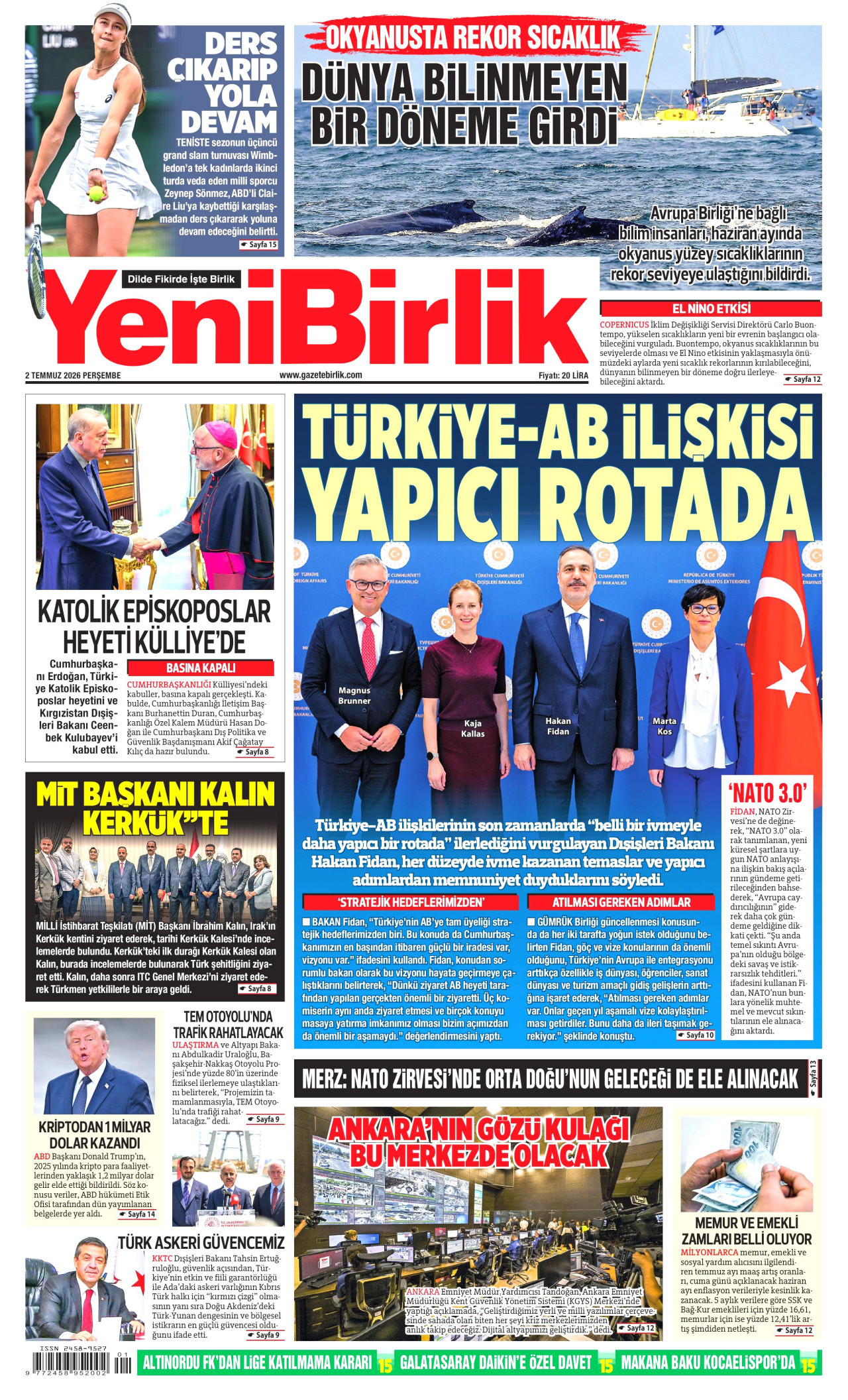 YENİBİRLİK gazetesinin 2 Temmuz 2026 tarihli birinci sayfası