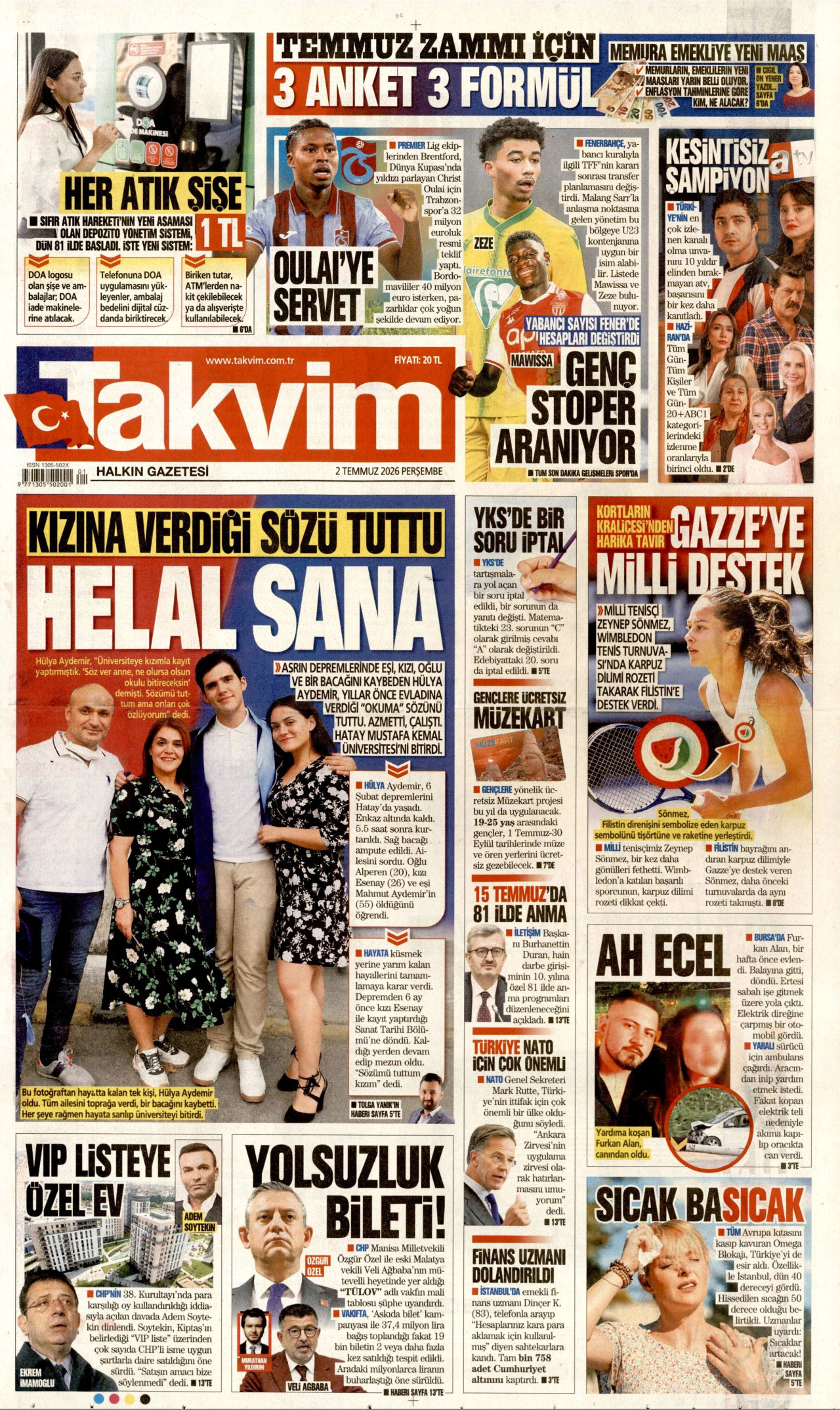 TAKVİM gazetesinin 2 Temmuz 2026 tarihli birinci sayfası