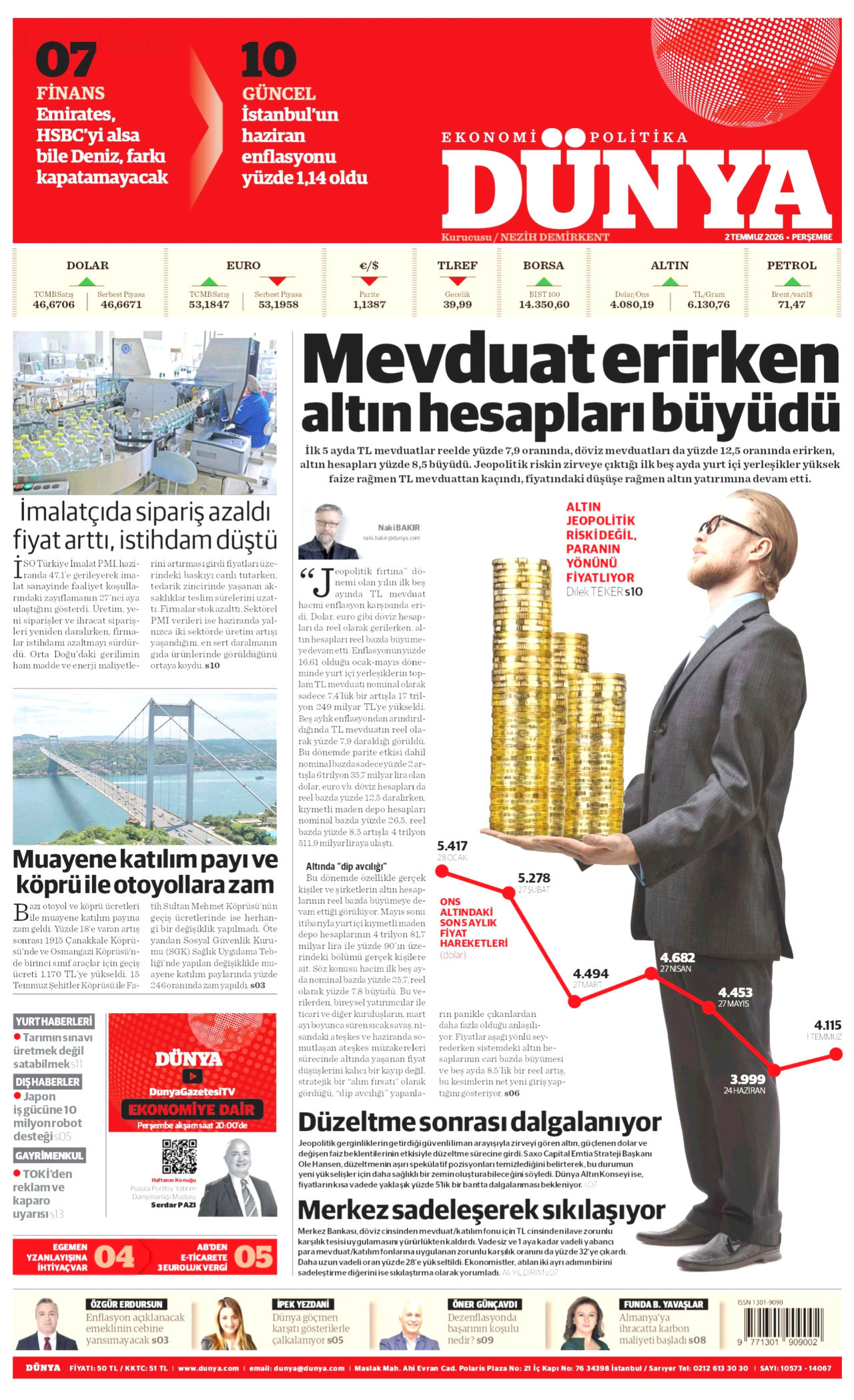 DÜNYA gazetesinin 2 Temmuz 2026 tarihli birinci sayfası