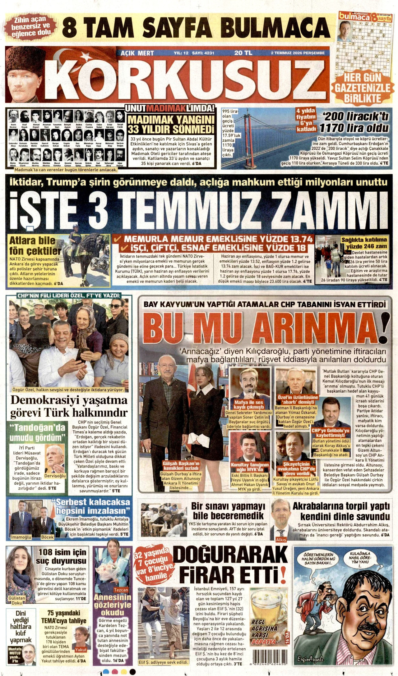 KORKUSUZ gazetesinin 2 Temmuz 2026 tarihli birinci sayfası