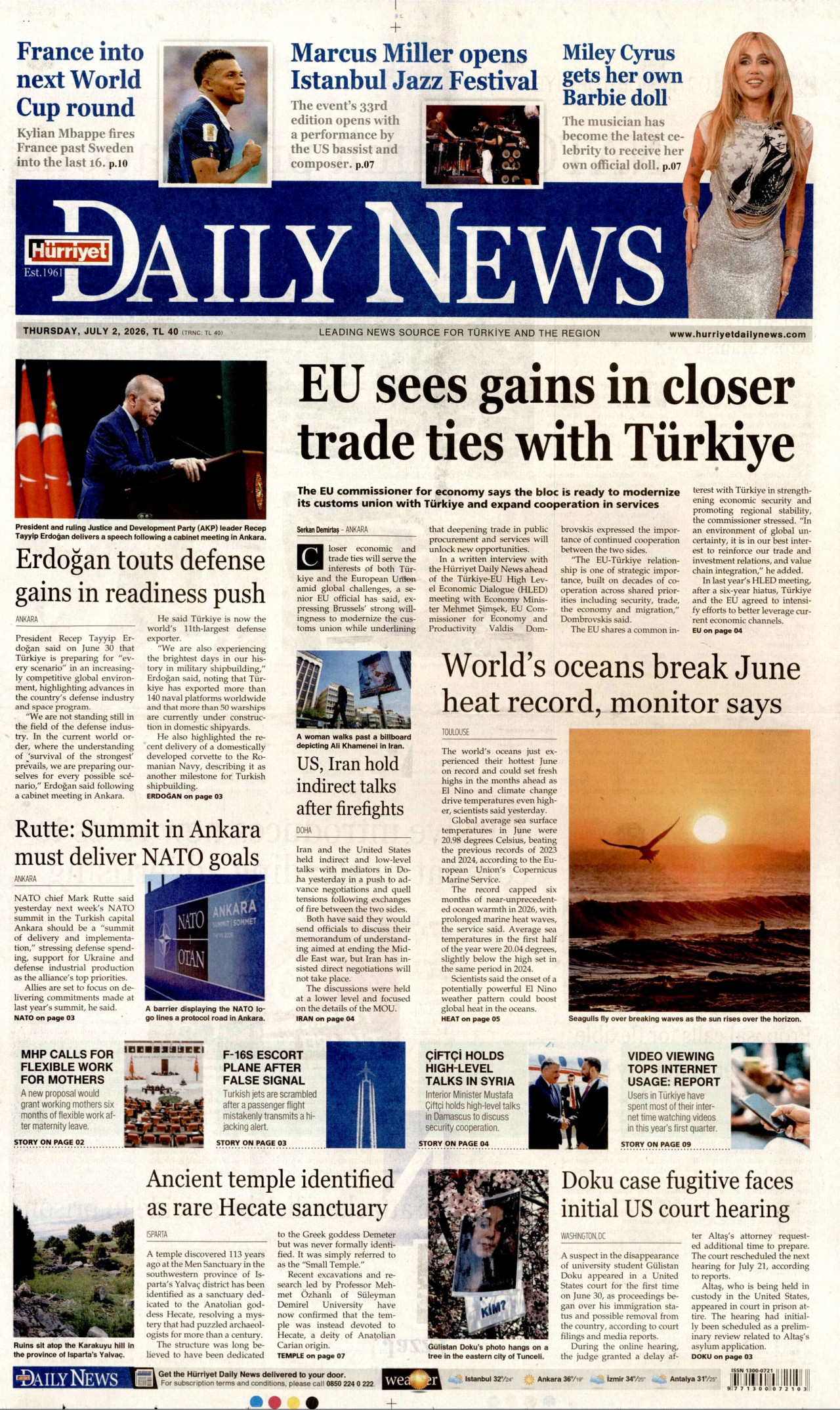 HÜRRİYET DAİLY NEWS gazetesinin 2 Temmuz 2026 tarihli birinci sayfası