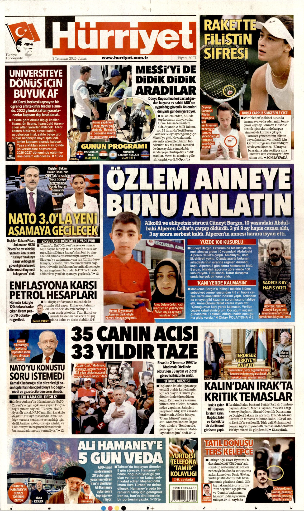 HÜRRİYET gazetesinin 3 Temmuz 2026 tarihli birinci sayfası