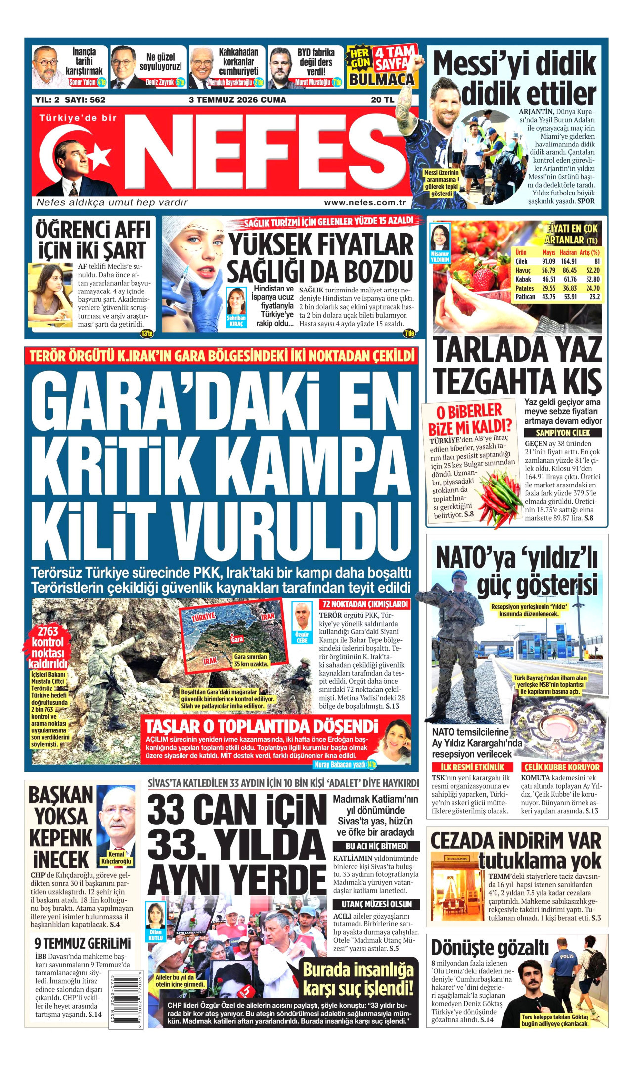 NEFES gazetesinin 3 Temmuz 2026 tarihli birinci sayfası