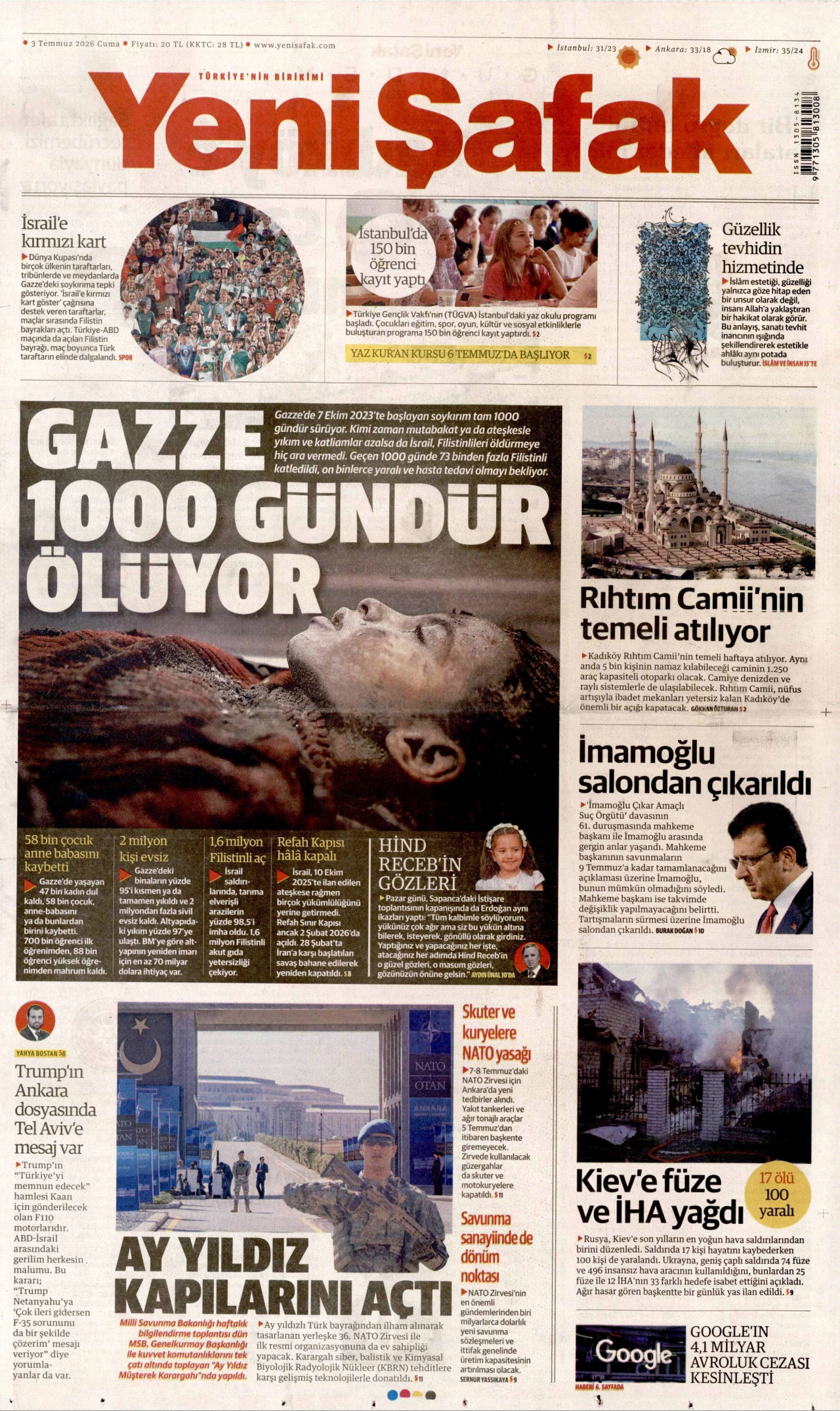 YENİ ŞAFAK gazetesinin 3 Temmuz 2026 tarihli birinci sayfası