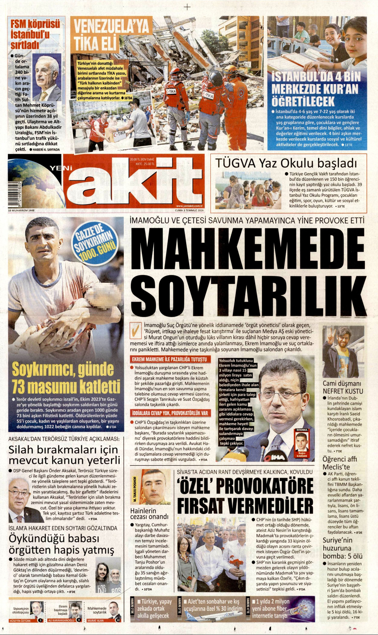 YENİ AKİT gazetesinin 3 Temmuz 2026 tarihli birinci sayfası