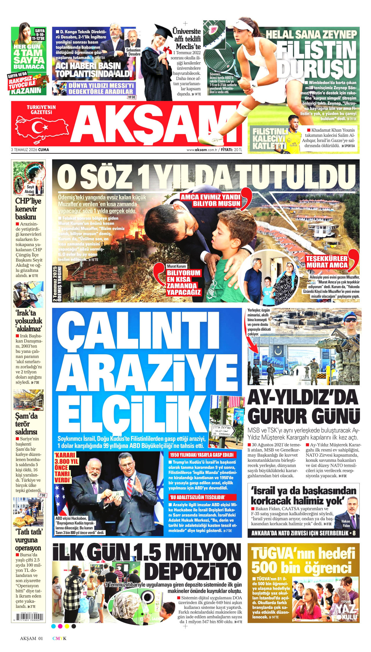 AKŞAM gazetesinin 3 Temmuz 2026 tarihli birinci sayfası