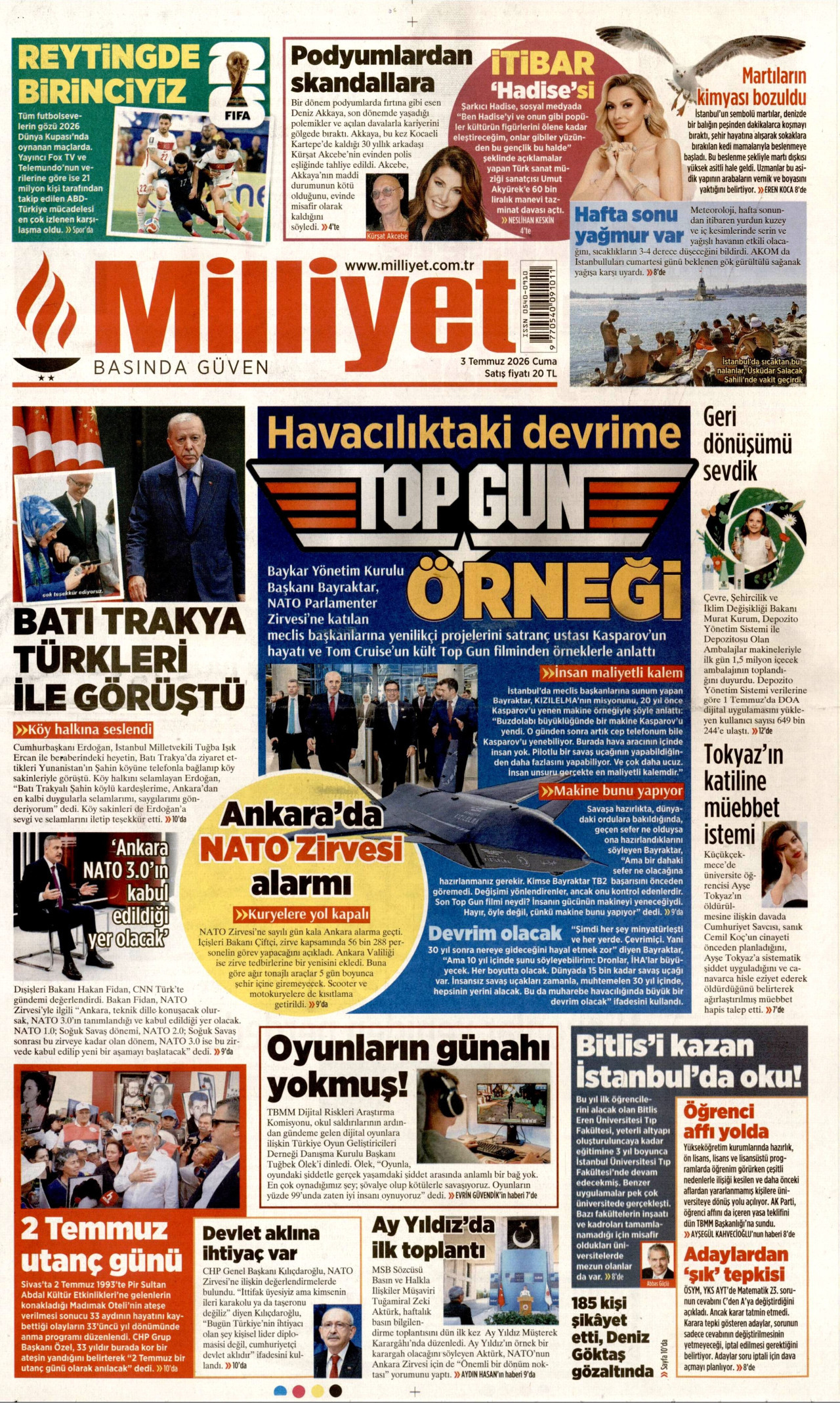 MİLLİYET gazetesinin 3 Temmuz 2026 tarihli birinci sayfası