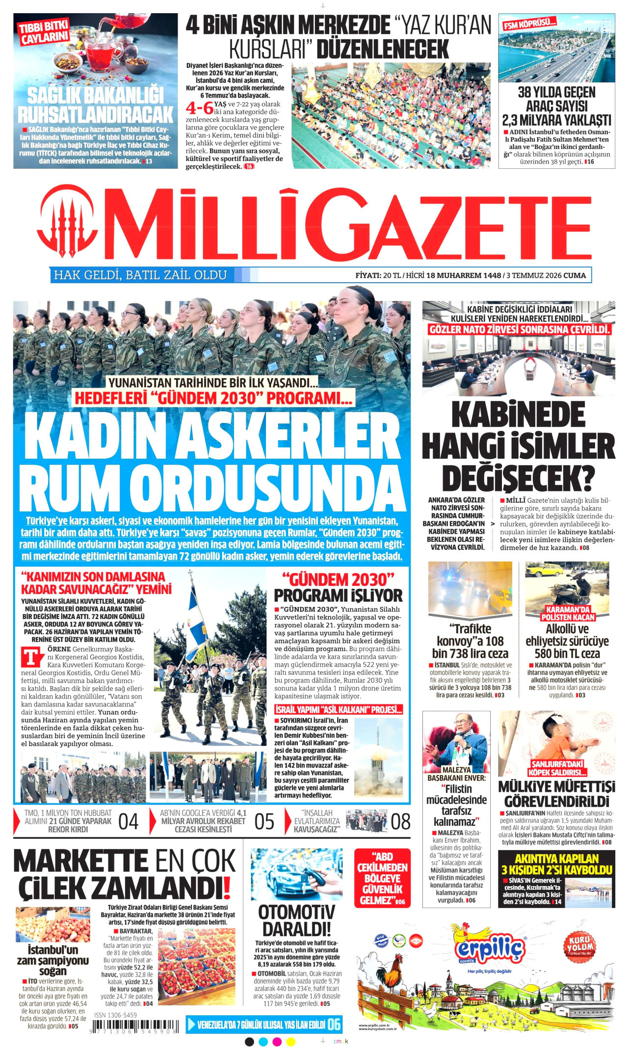 MİLLİ GAZETE gazetesinin 3 Temmuz 2026 tarihli birinci sayfası