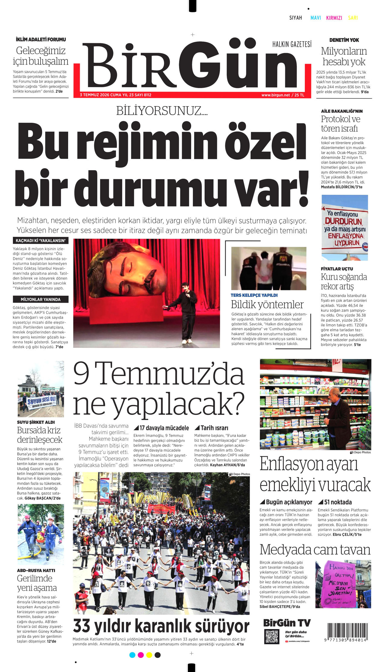 BİRGÜN gazetesinin 3 Temmuz 2026 tarihli birinci sayfası