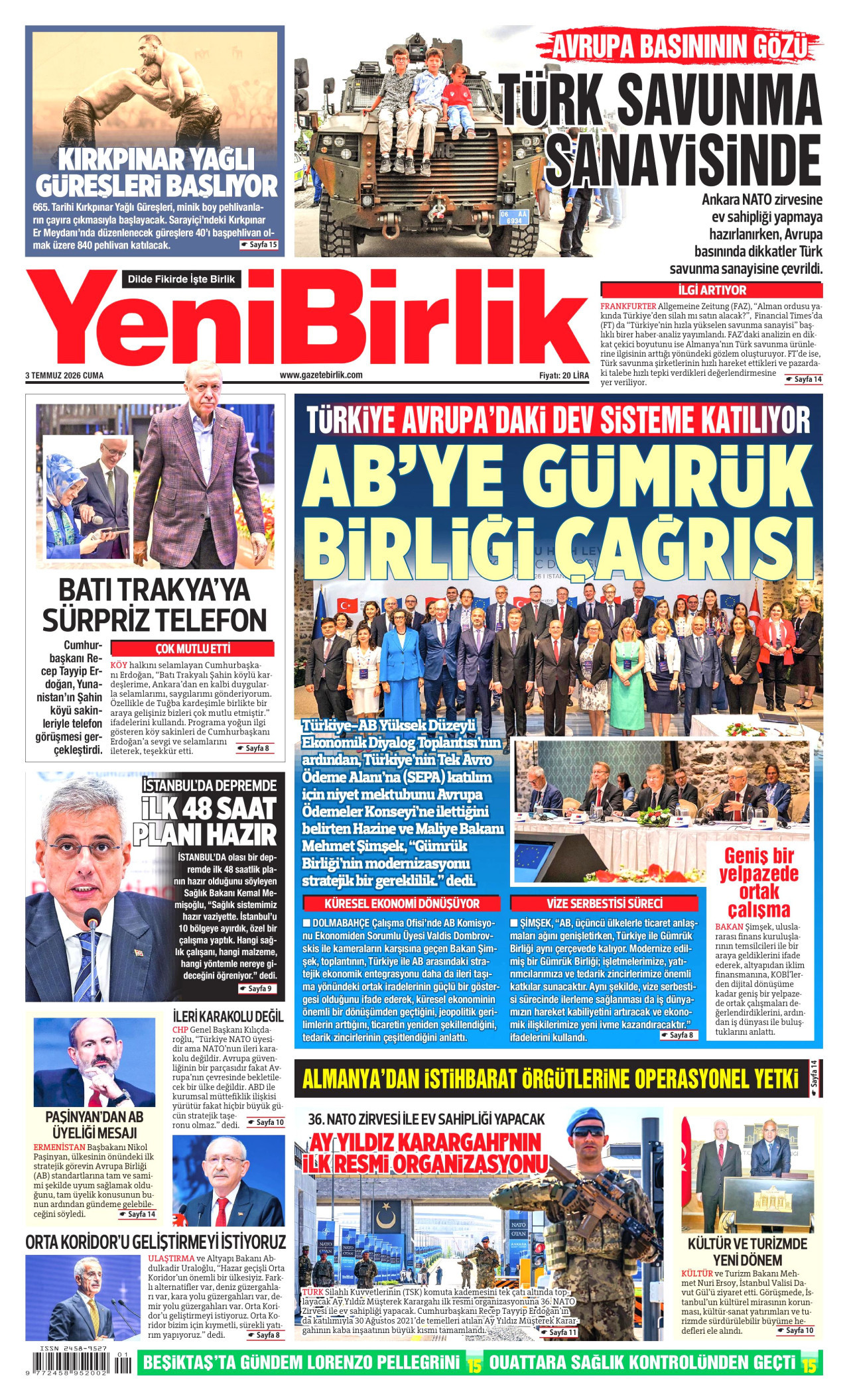 YENİBİRLİK gazetesinin 3 Temmuz 2026 tarihli birinci sayfası