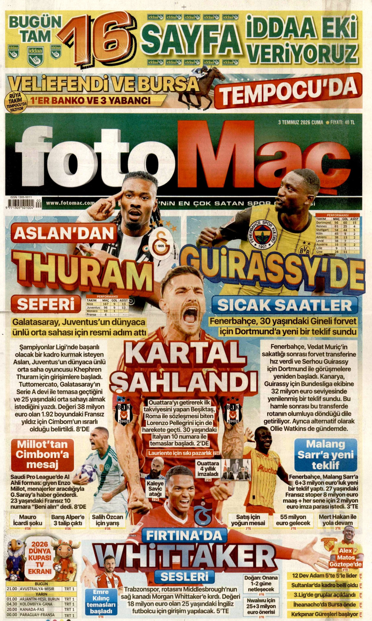 FOTOMAÇ gazetesinin 3 Temmuz 2026 tarihli birinci sayfası