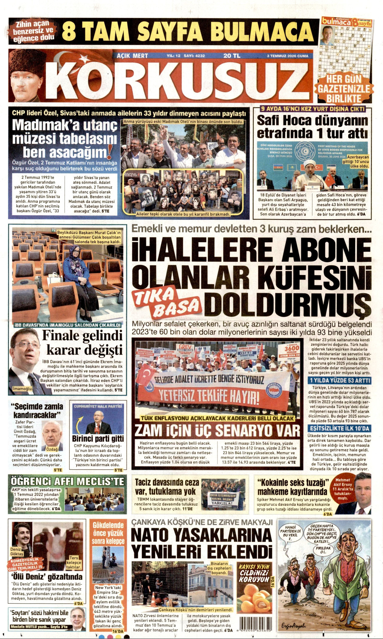 KORKUSUZ gazetesinin 3 Temmuz 2026 tarihli birinci sayfası