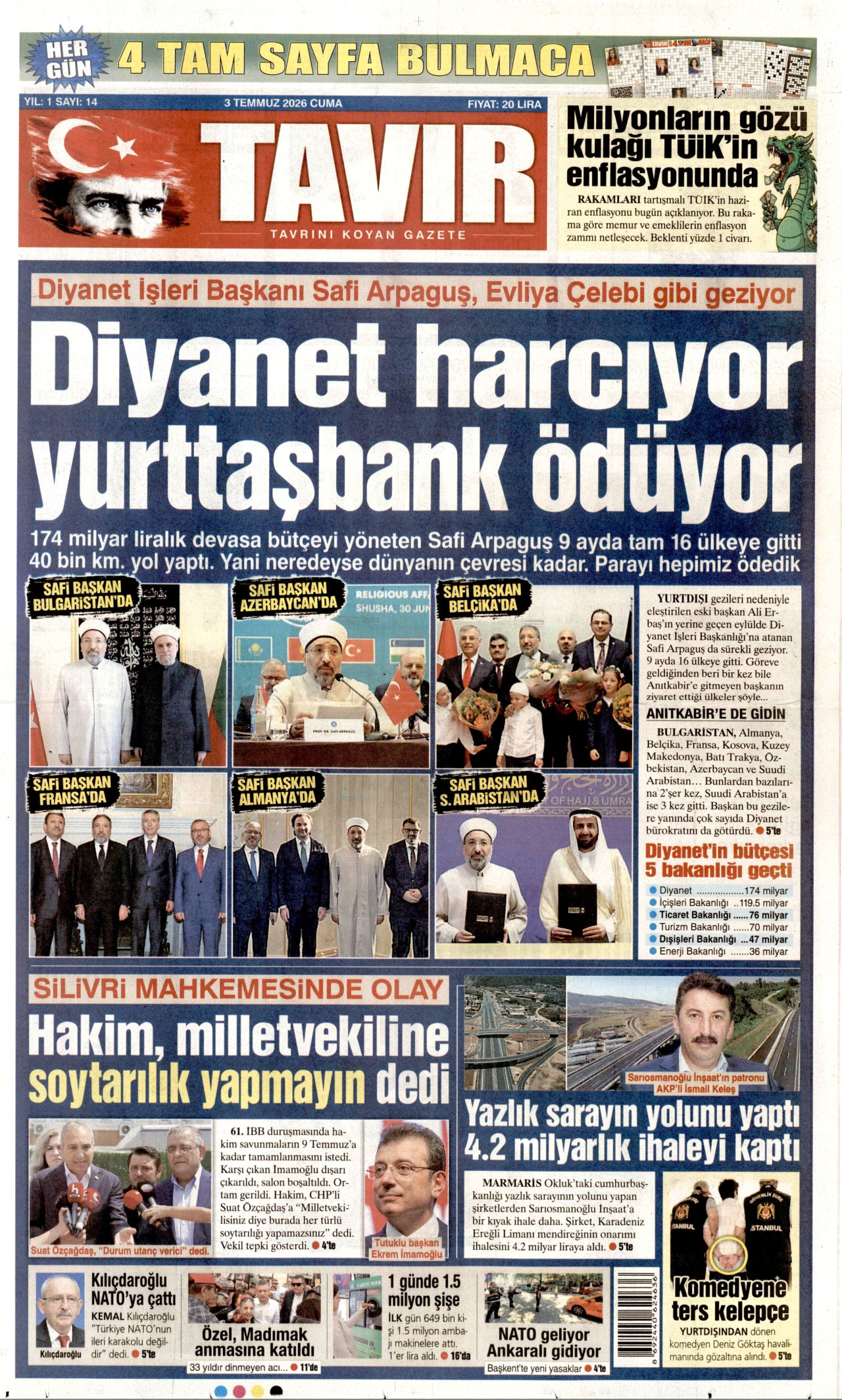 TAVIR GAZETESİ gazetesinin 3 Temmuz 2026 tarihli birinci sayfası